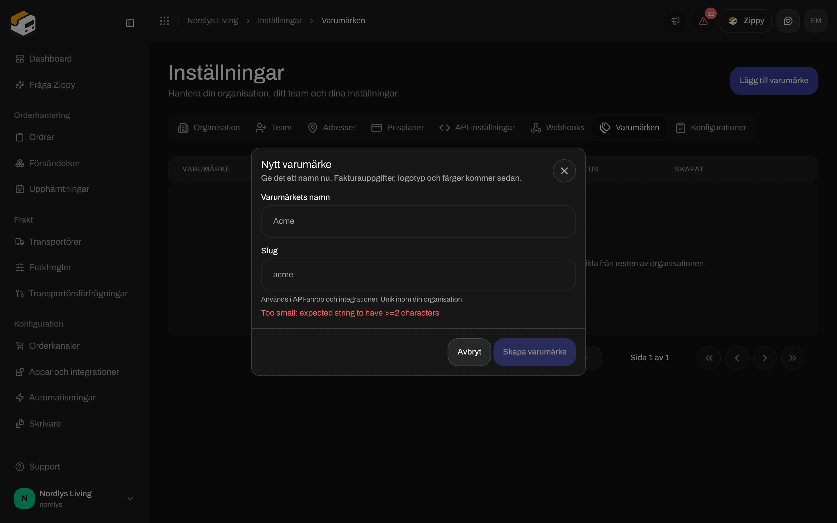 Fönstret Nytt varumärke med fälten Varumärkets namn och Slug