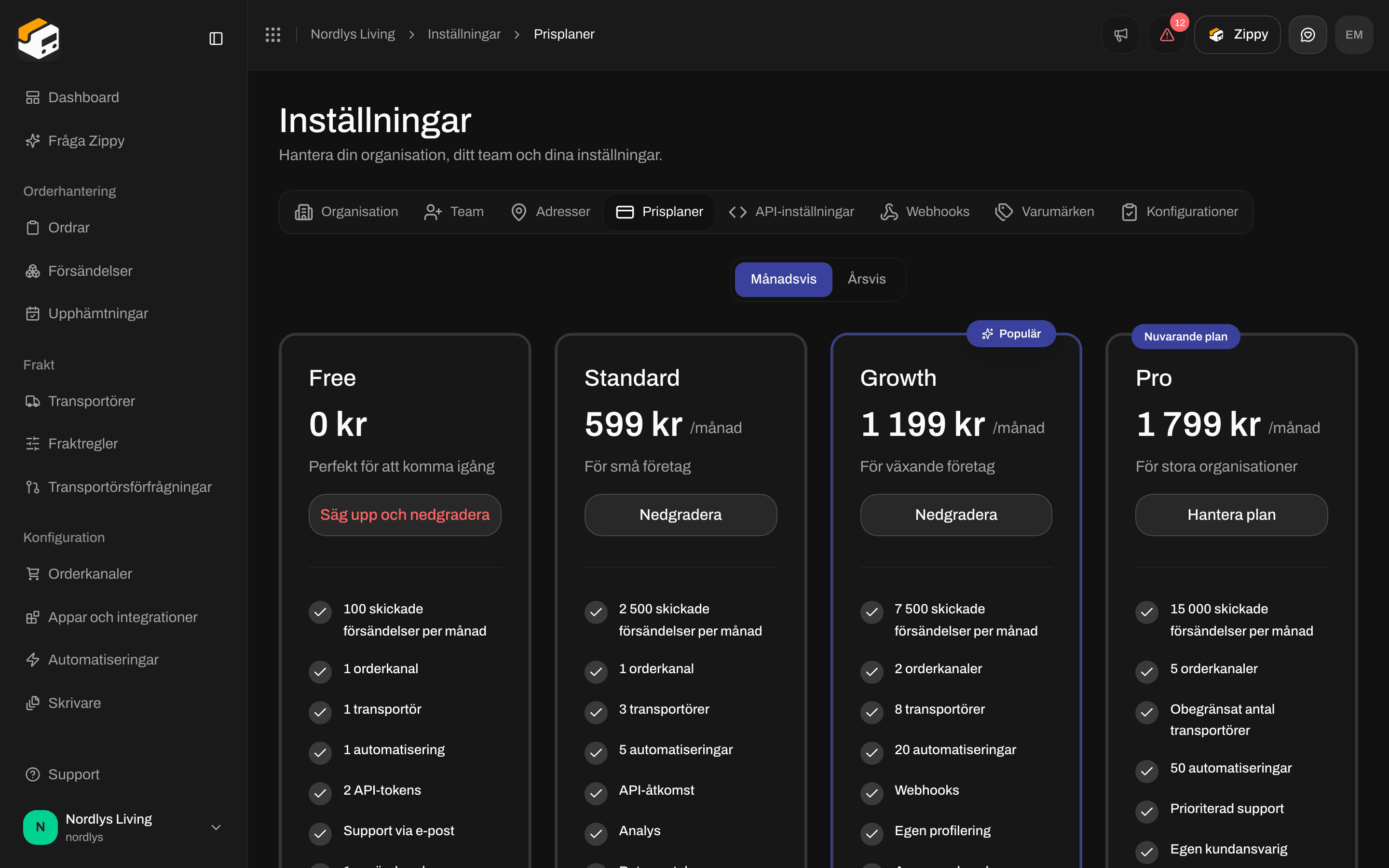 Prisplaner med Månadsvis valt och Pro markerad som Nuvarande plan