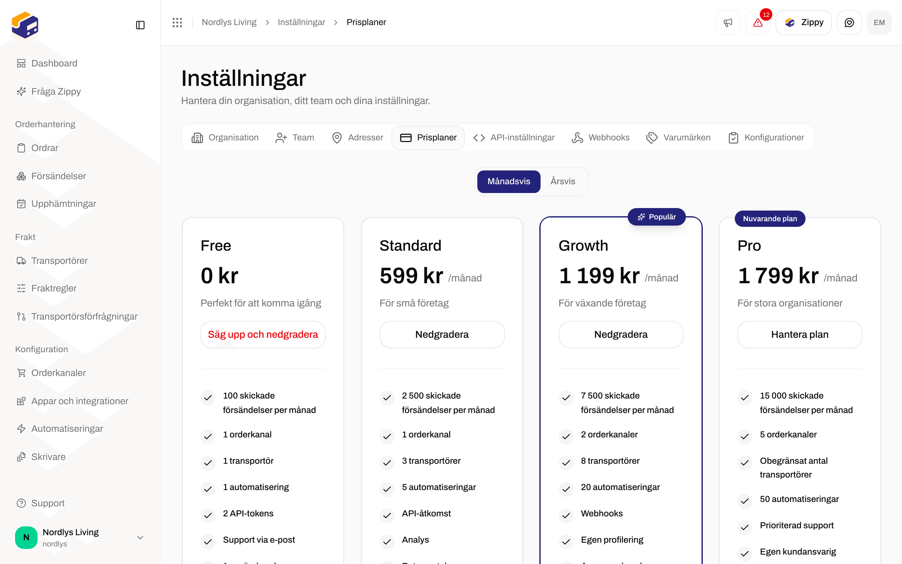 Prisplaner med Månadsvis valt och Pro markerad som Nuvarande plan