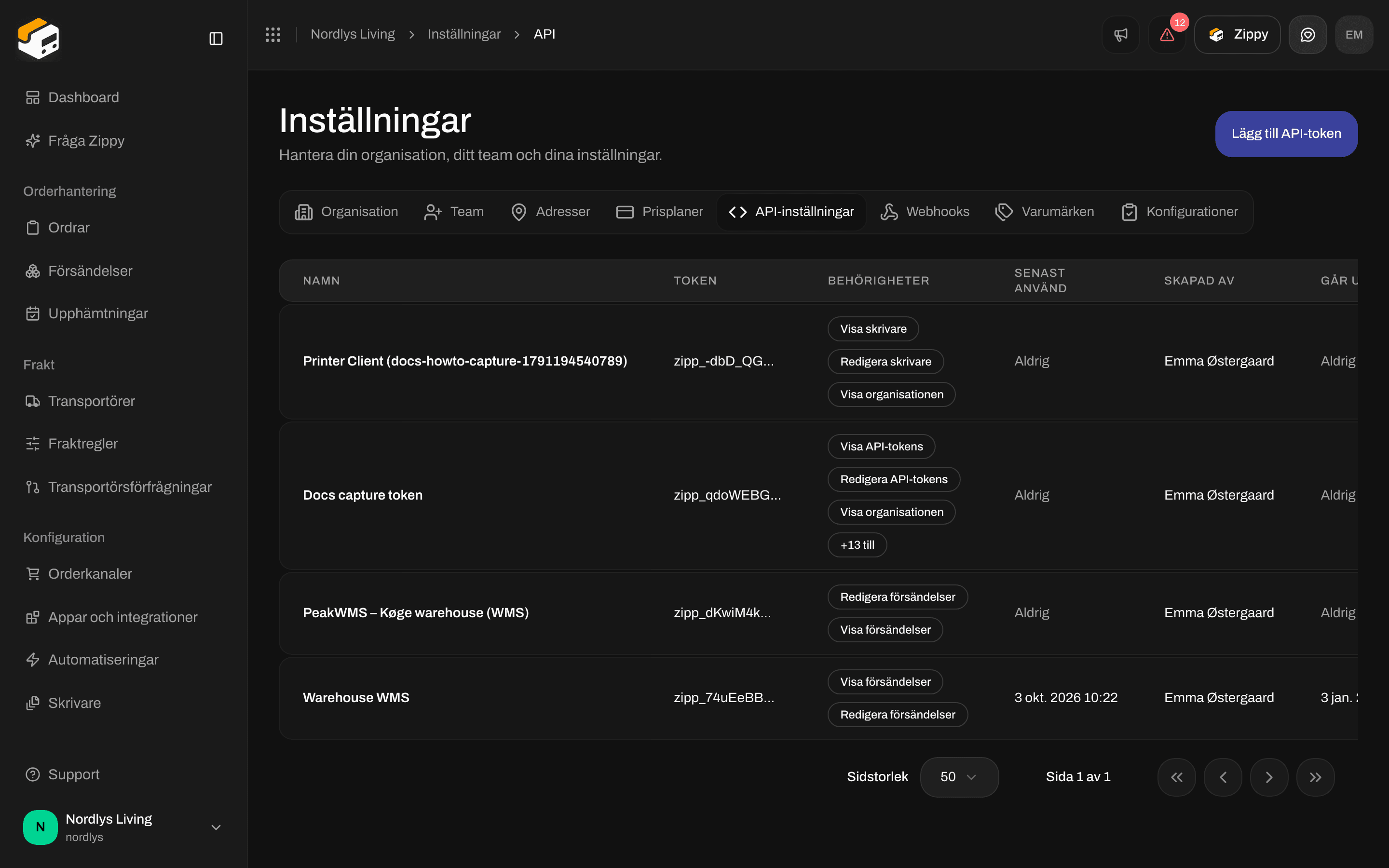 API-tokens i tomt läge med Skapa din första token och Lägg till API-token