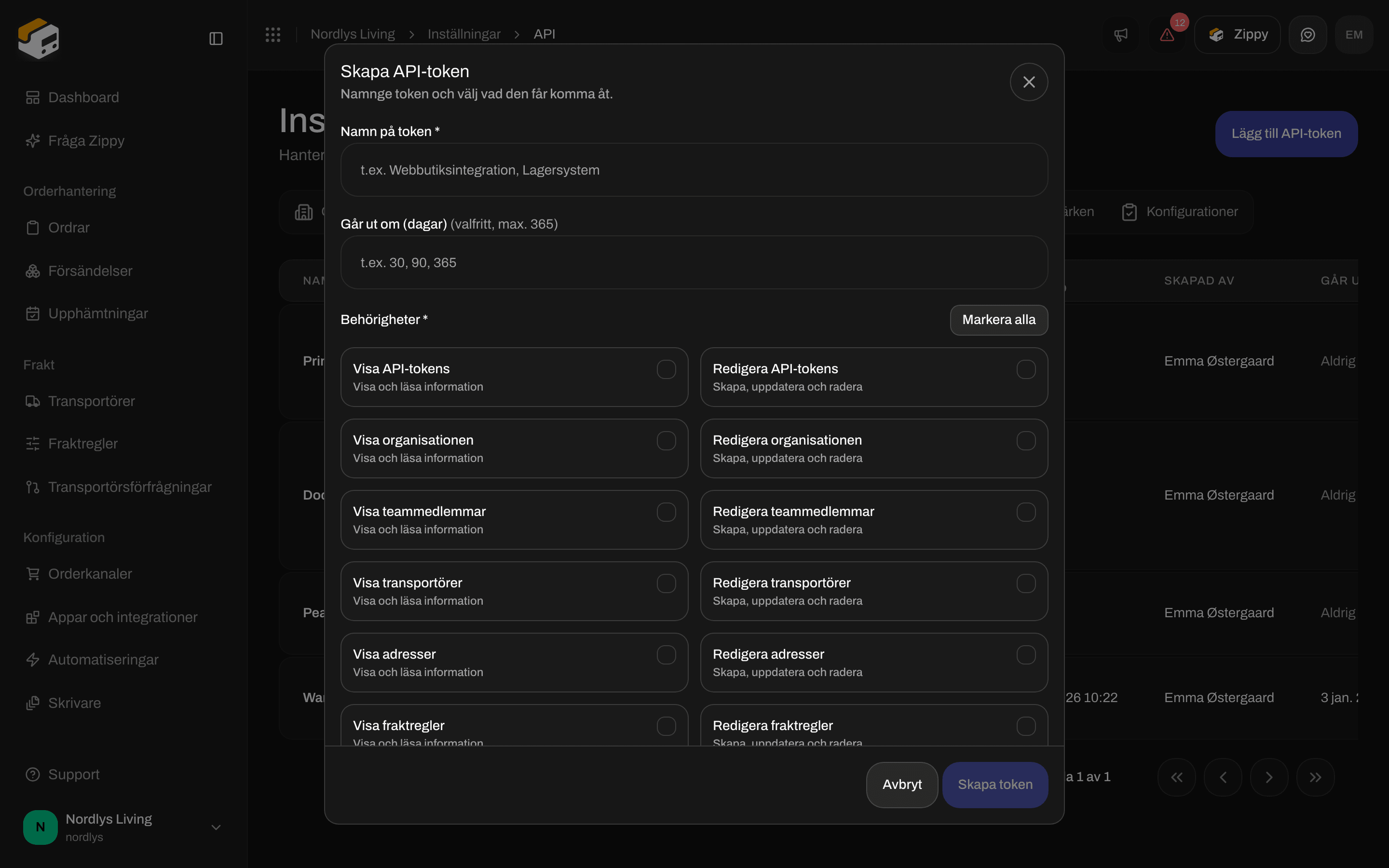 Fönstret Skapa API-token med Tokennamn, Går ut om (dagar) och kryssrutor för behörigheter