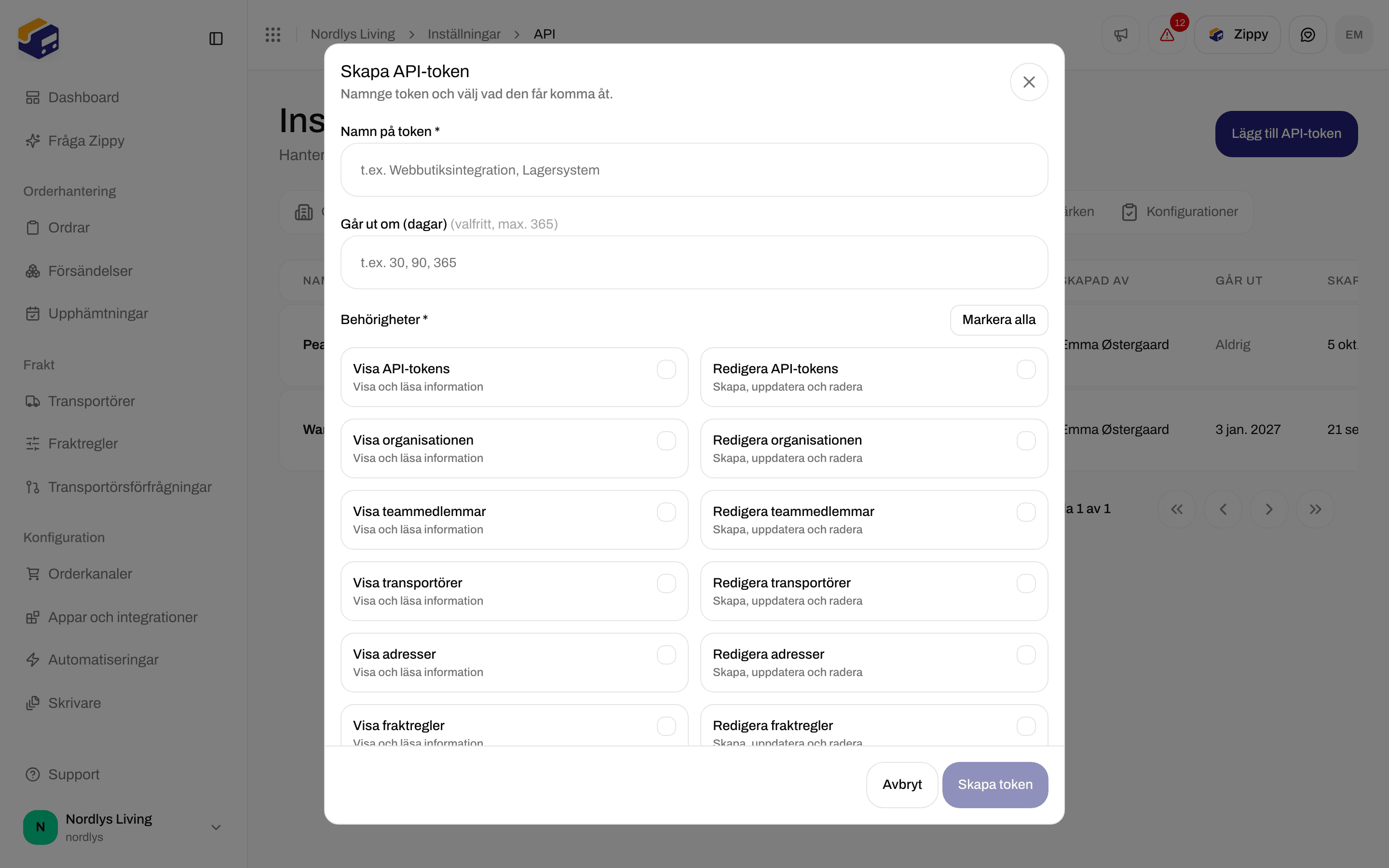 Fönstret Skapa API-token med Tokennamn, Går ut om (dagar) och kryssrutor för behörigheter