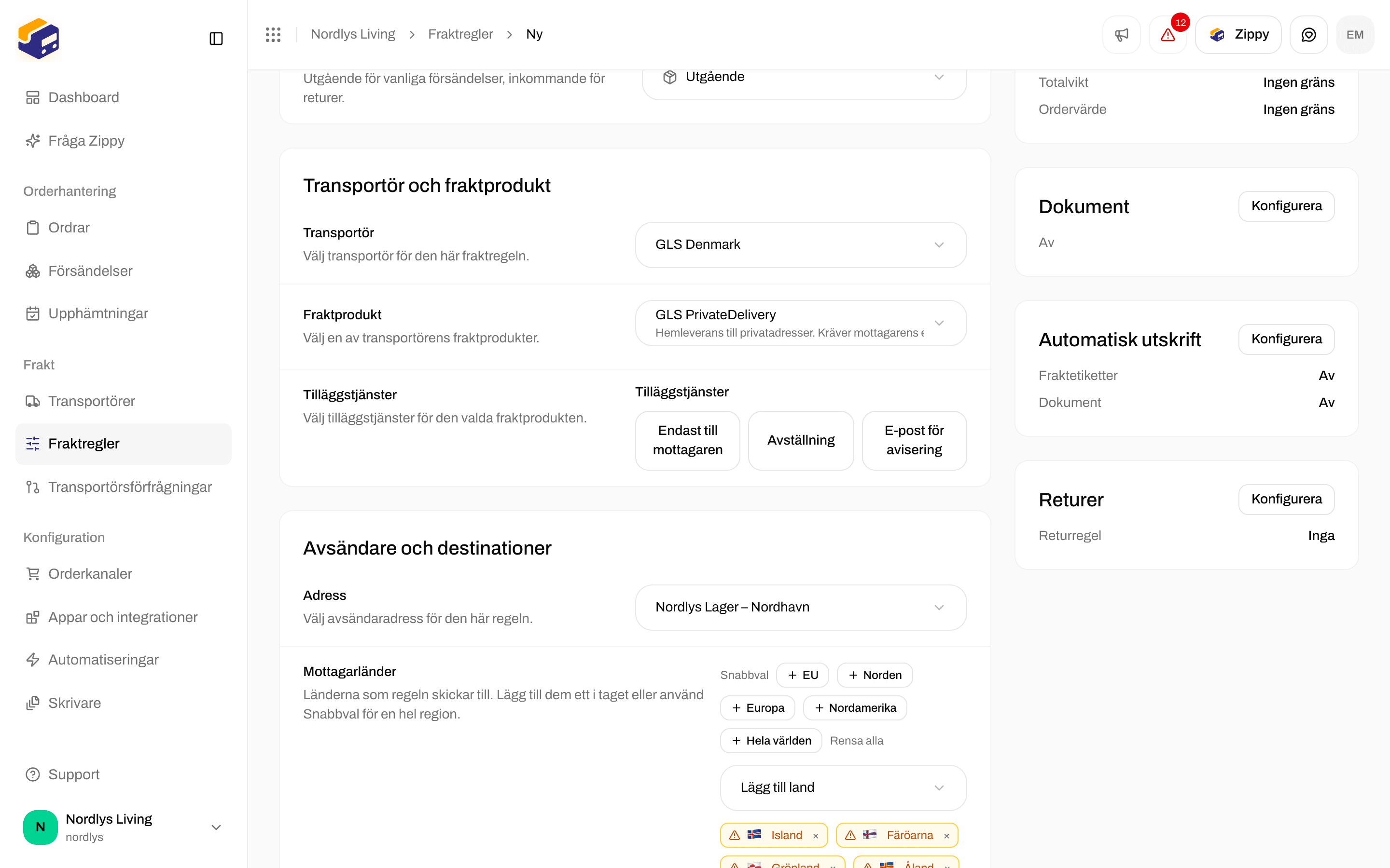 Formuläret Skapa fraktregel med transportör, fraktprodukt, tilläggstjänster, avsändaradress och mottagarländer ifyllda