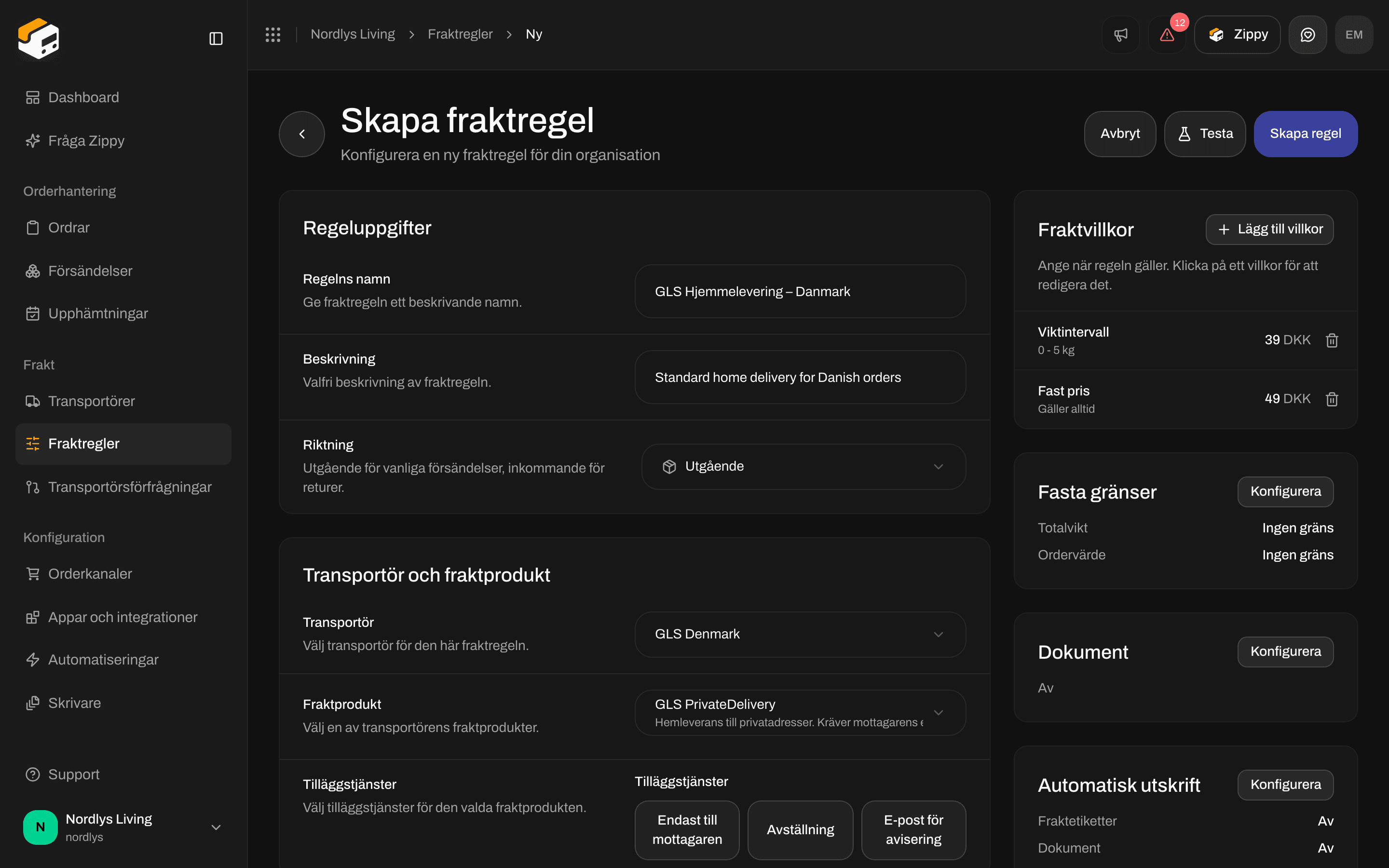 Fraktvillkor med ett viktvillkor på 39 DKK och ett villkor med fast pris på 49 DKK