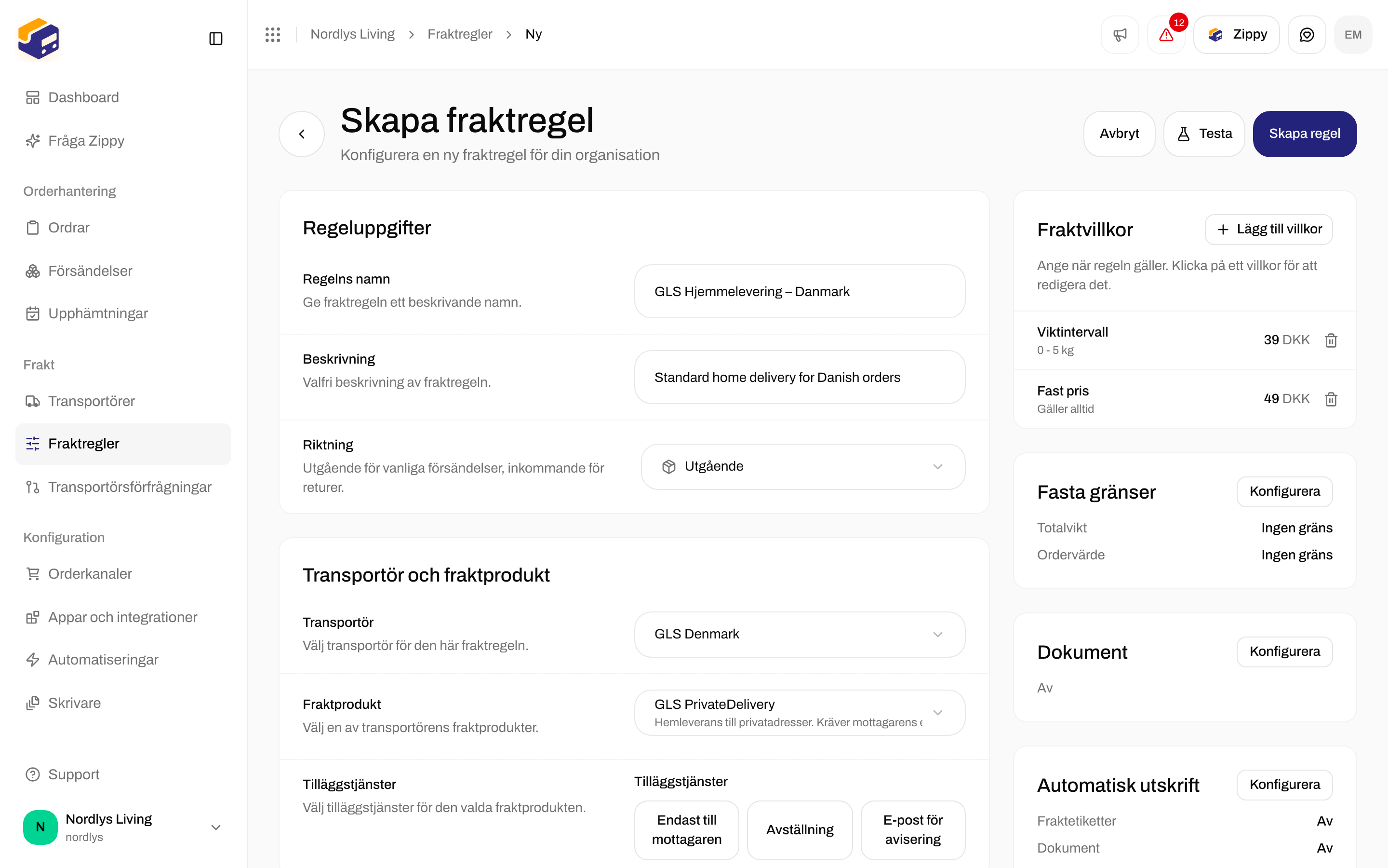 Fraktvillkor med ett viktvillkor på 39 DKK och ett villkor med fast pris på 49 DKK