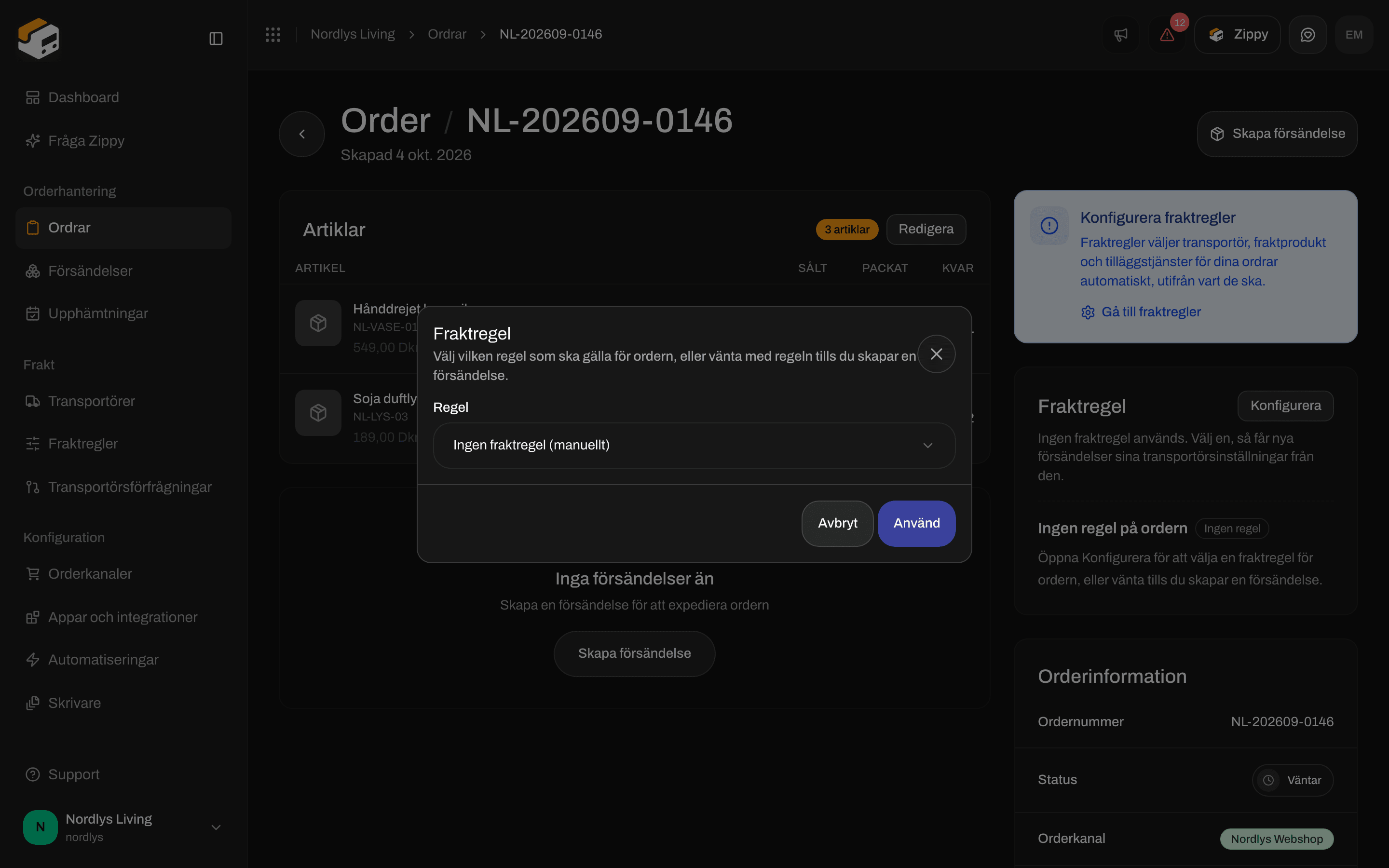 Fönstret Fraktregel på en order med regellistan inställd på Ingen fraktregel (manuellt)