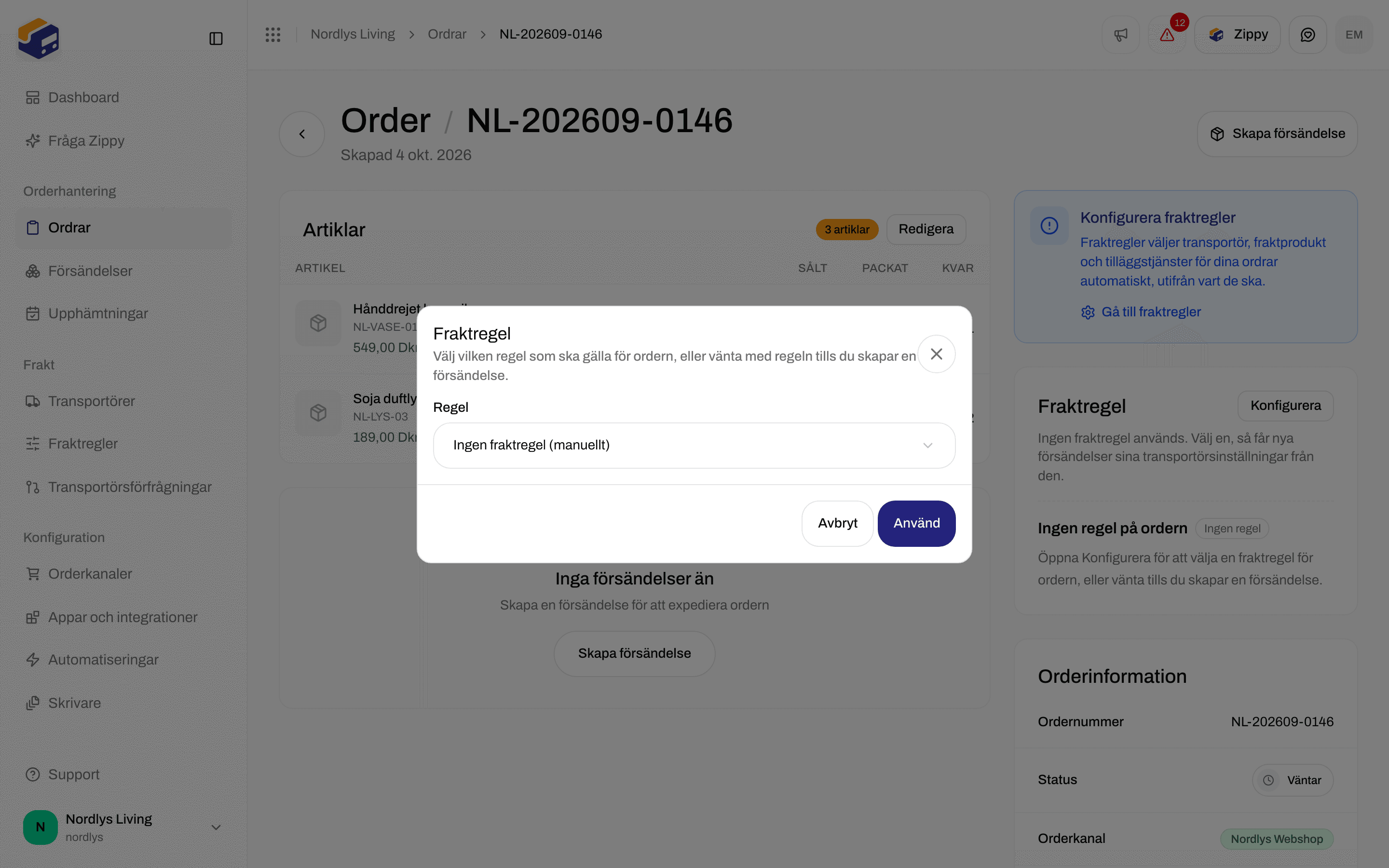 Fönstret Fraktregel på en order med regellistan inställd på Ingen fraktregel (manuellt)