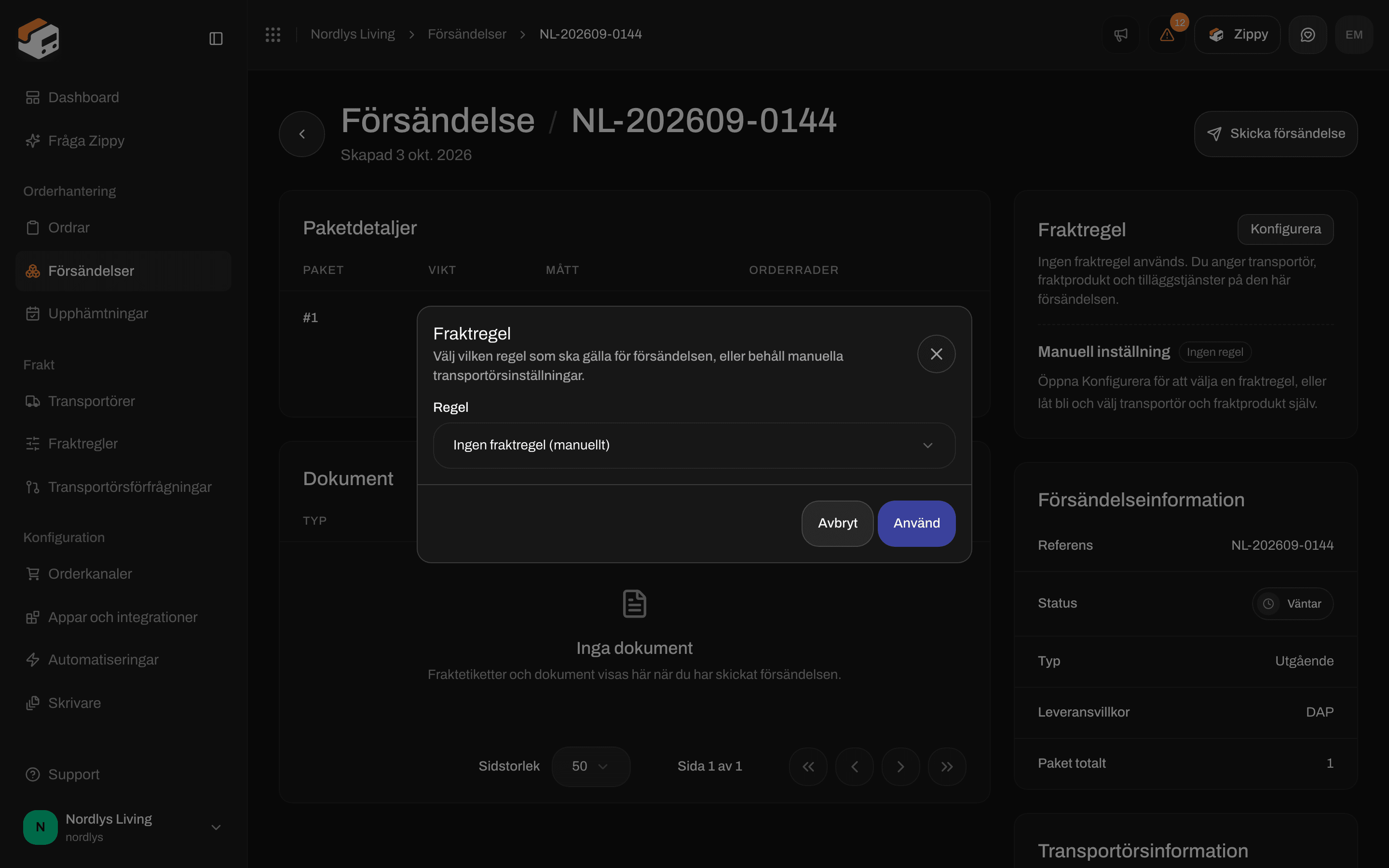 Fönstret Fraktregel på en försändelse med Använd och en regellista