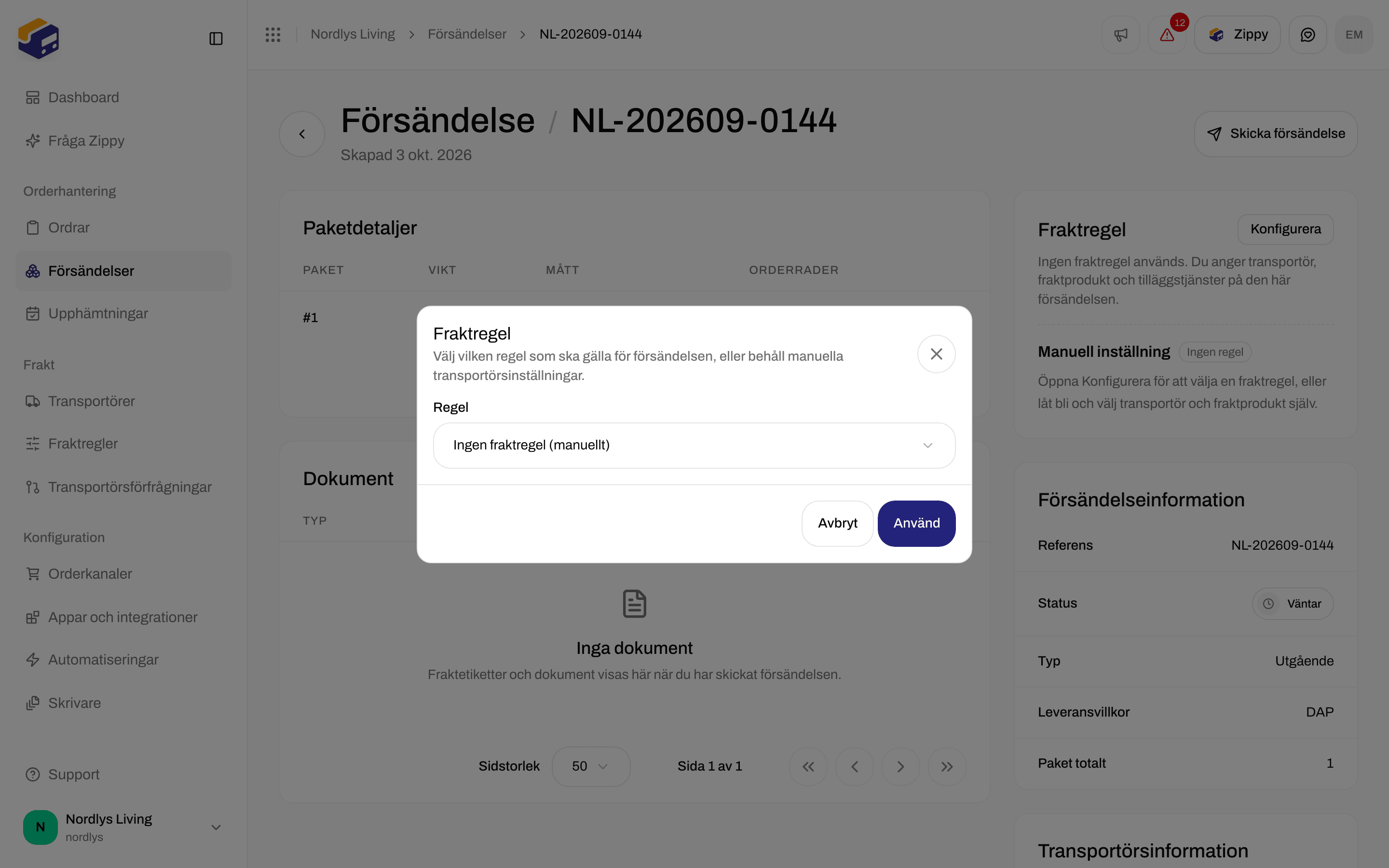 Fönstret Fraktregel på en försändelse med Använd och en regellista