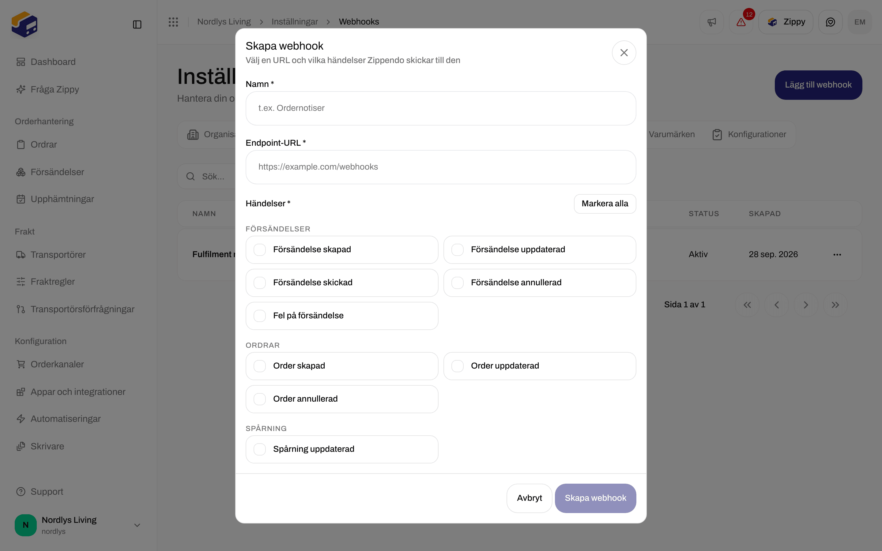 Fönstret Skapa webhook med gruppen Spårning och händelsen Spårning uppdaterad