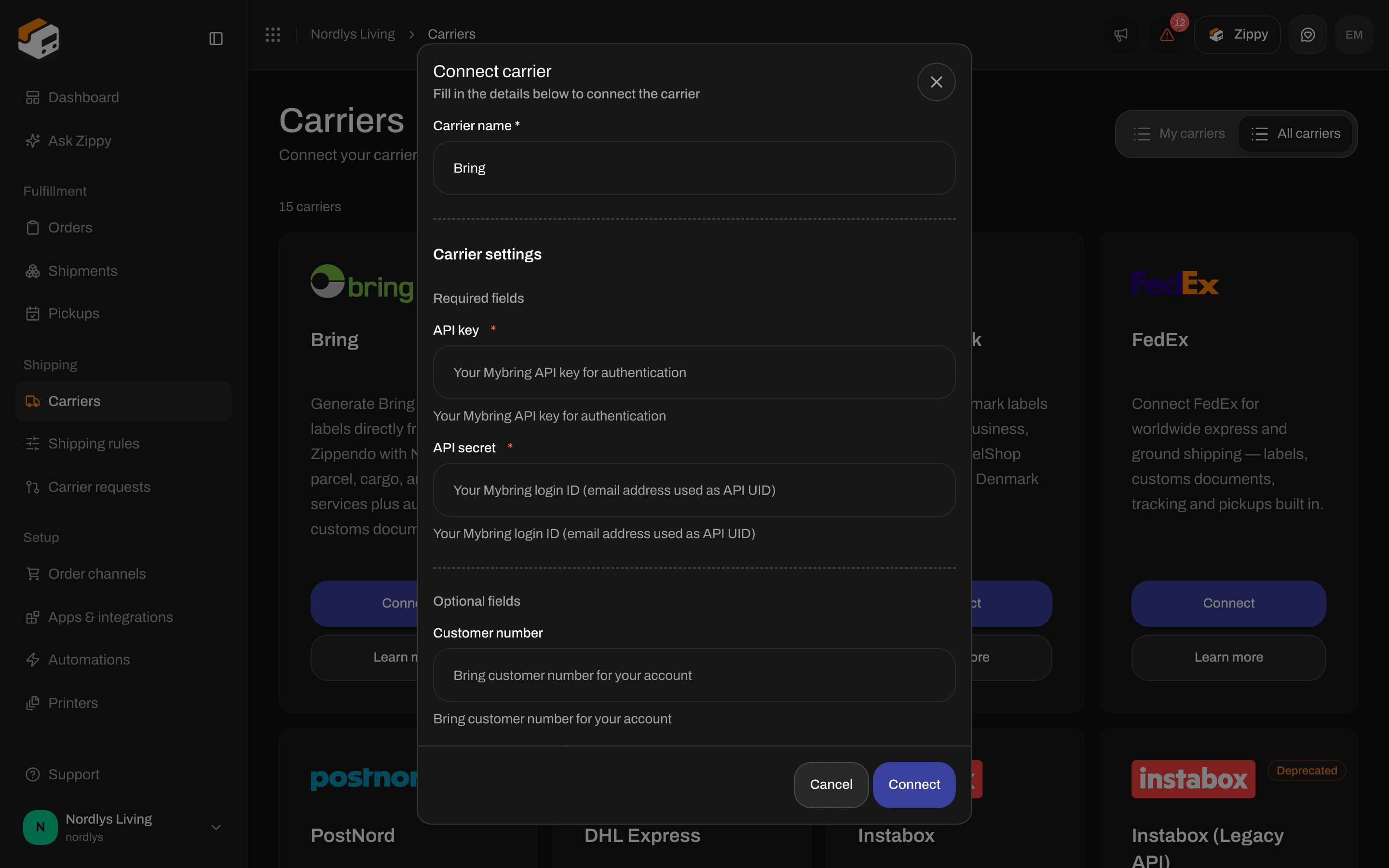 Connect carrier window with Carrier name Bring and Carrier settings fields for API key and API secret