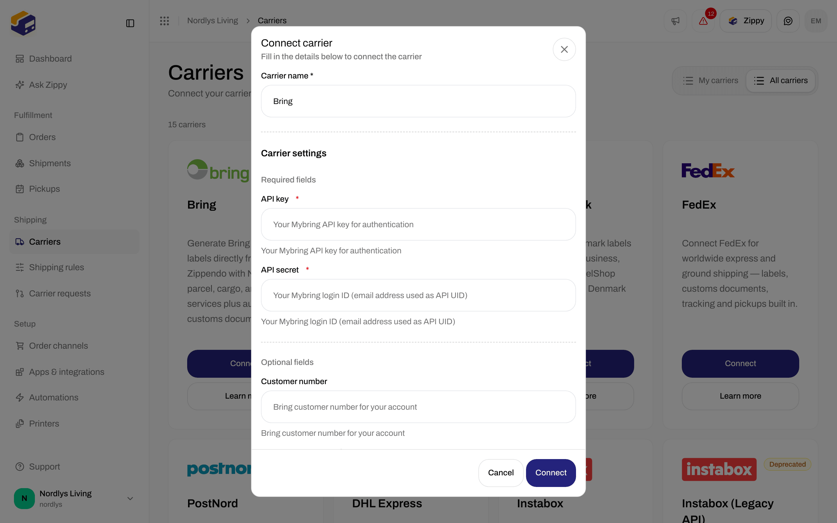 Connect carrier window with Carrier name Bring and Carrier settings fields for API key and API secret