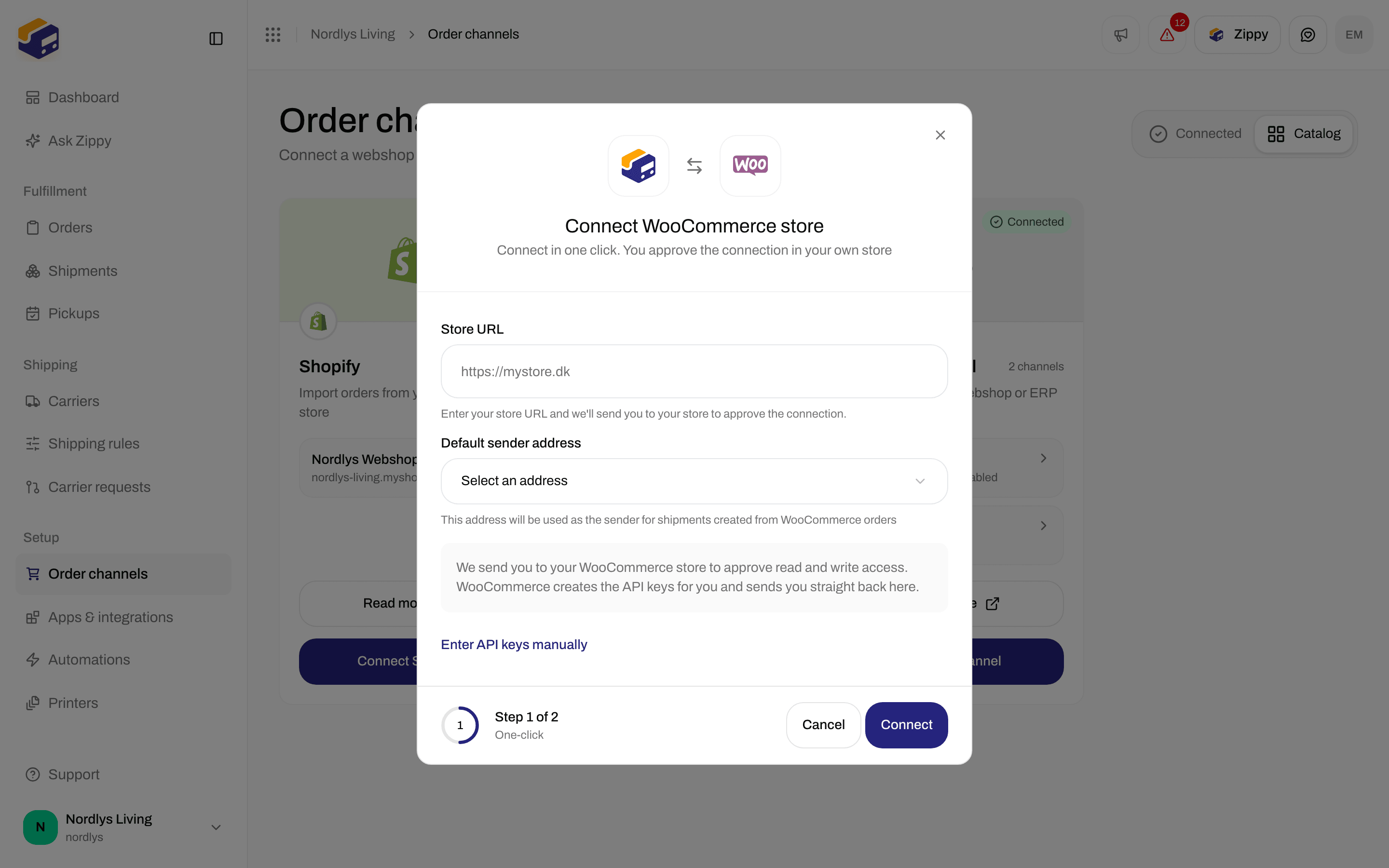 Connect WooCommerce store window with Store URL, Default sender address and Connect