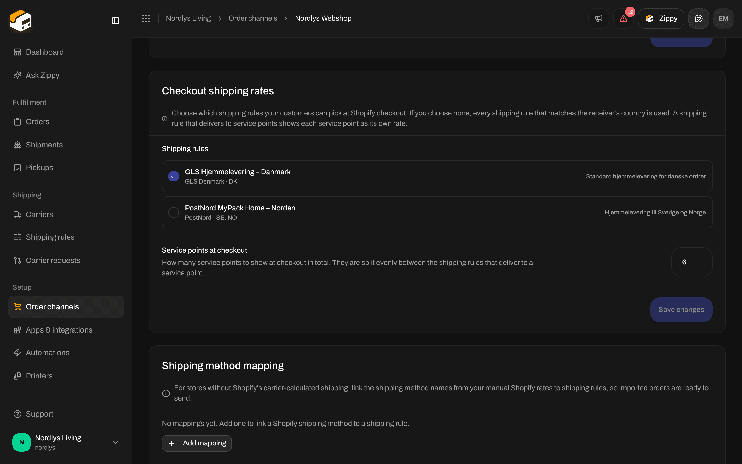 Service points at checkout set to 6, with an empty Shipping method mapping section below
