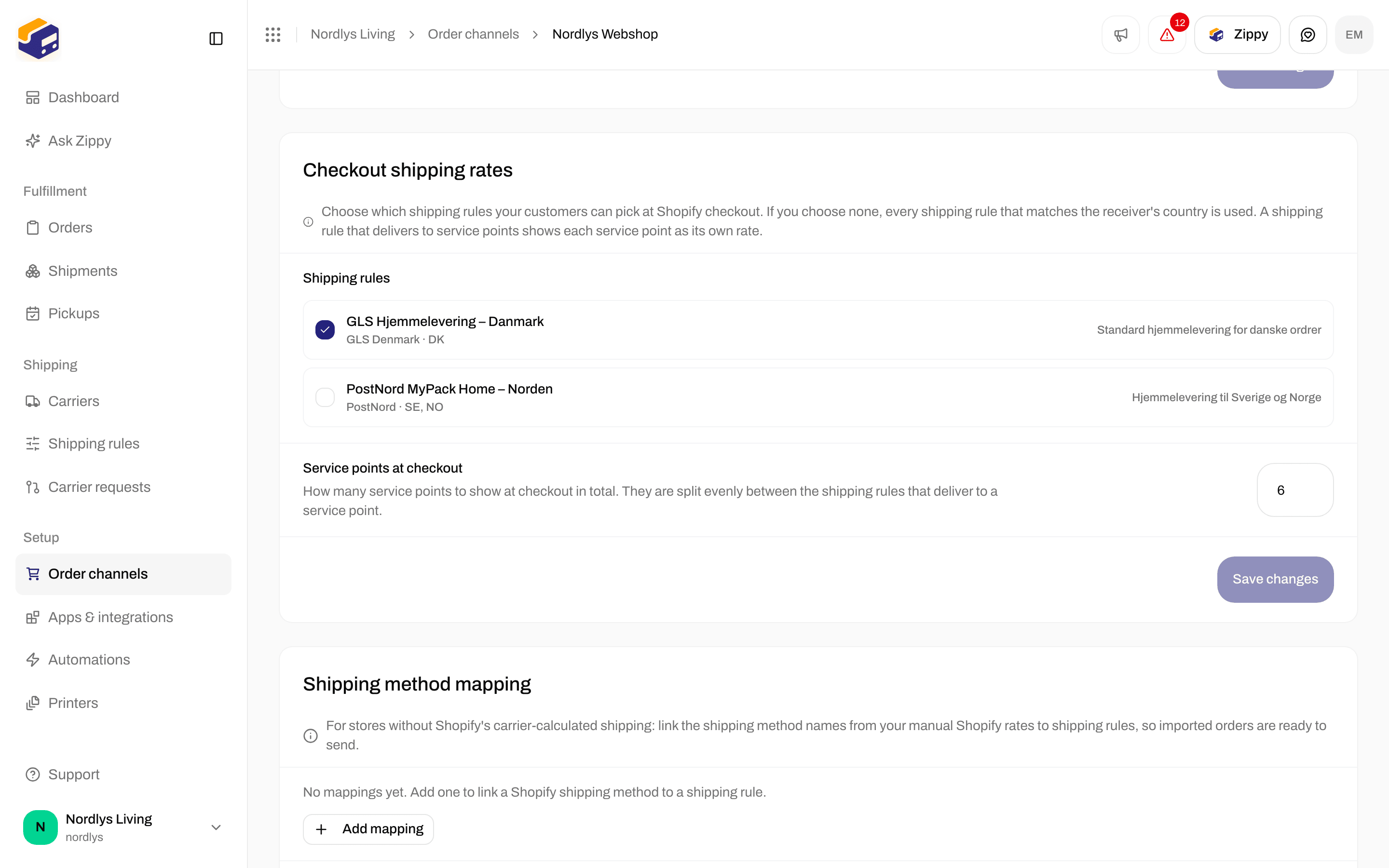 Service points at checkout set to 6, with an empty Shipping method mapping section below