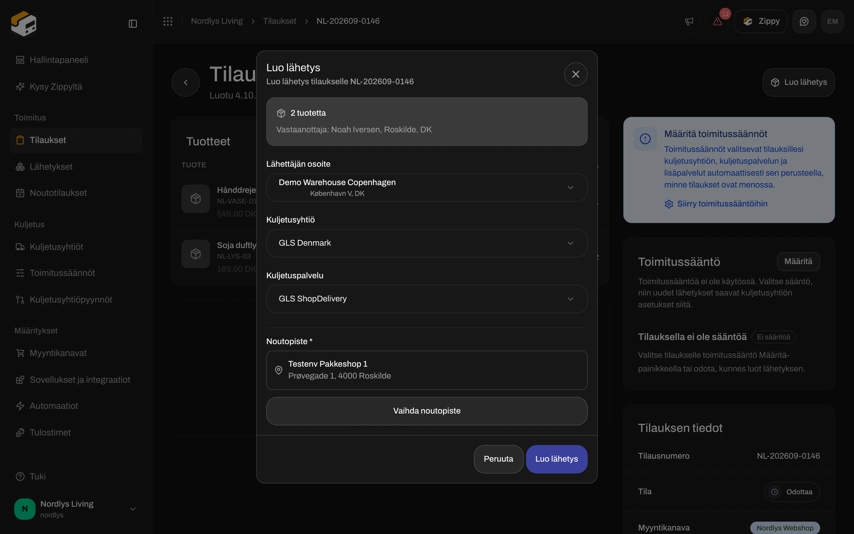 Luo lähetys -ikkuna, jossa on GLS ShopDelivery ja pakollinen Noutopiste