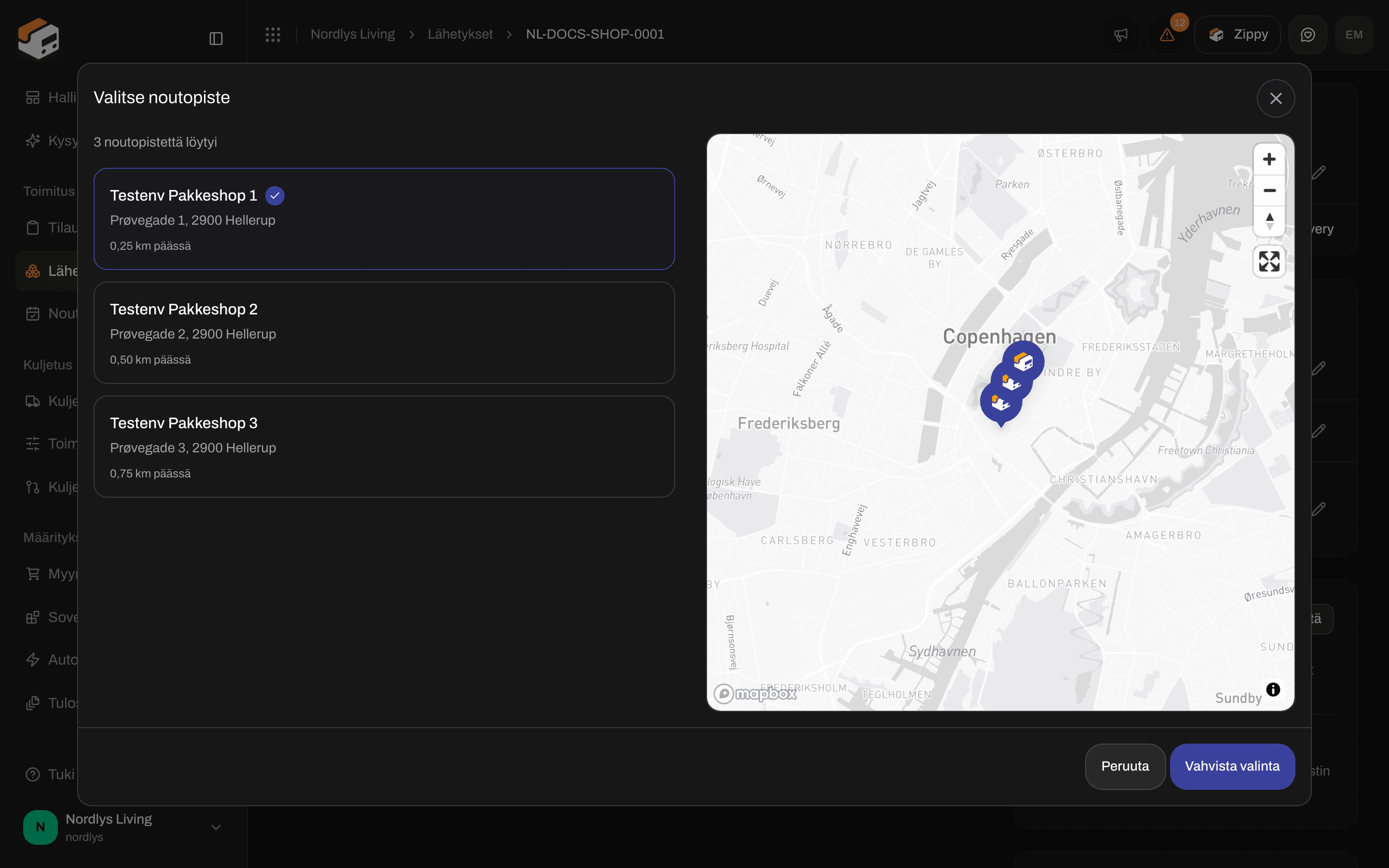 Valitse noutopiste -ikkuna, joka on avattu lähetyksen Osoitteet-osiosta noutopisteen vaihtamista varten