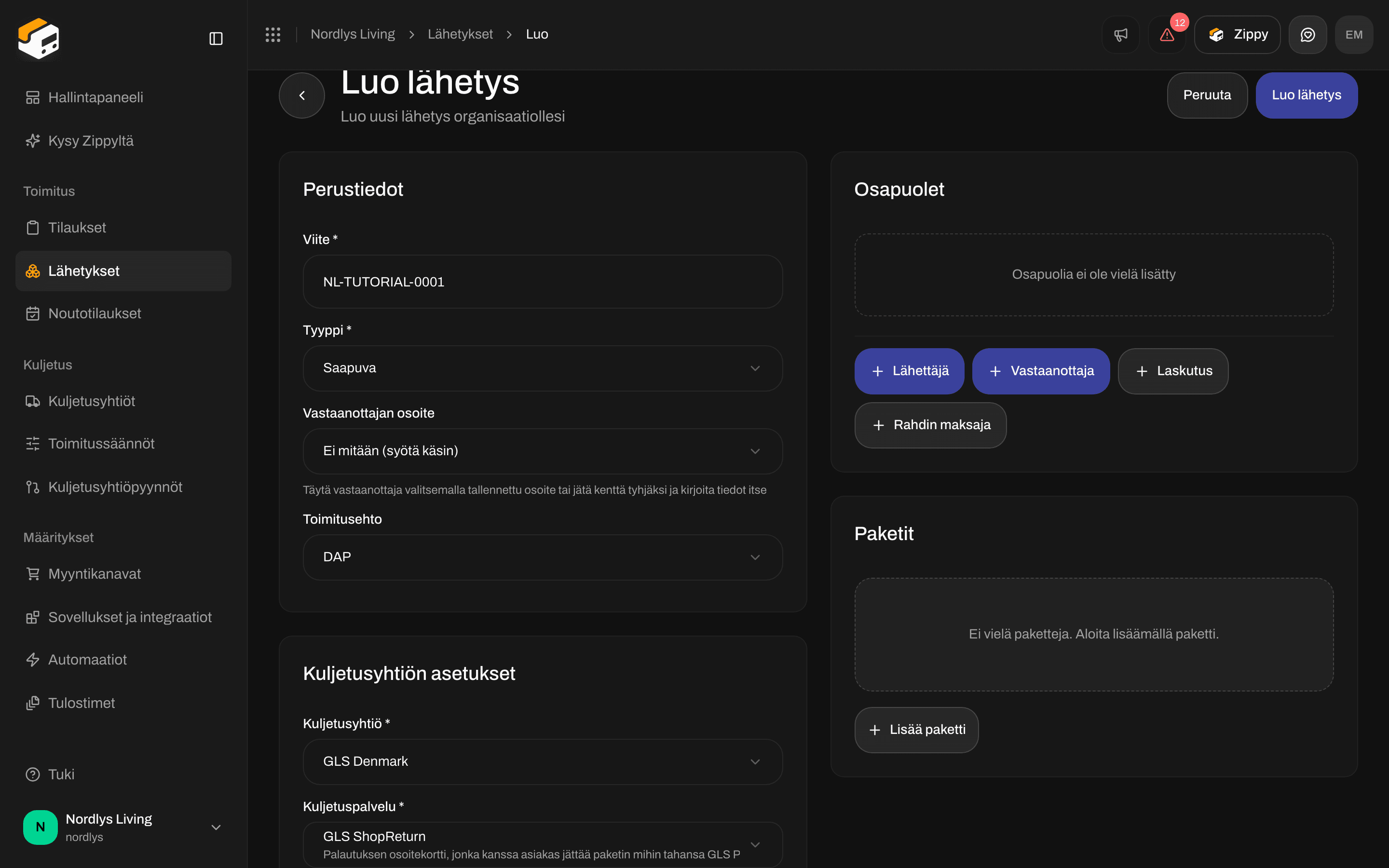 Luo lähetys, jossa Tyyppi on Saapuva ja GLS ShopReturn valittuna, Kuljetusyhtiön asetukset näkyvissä eikä Noutopiste-korttia
