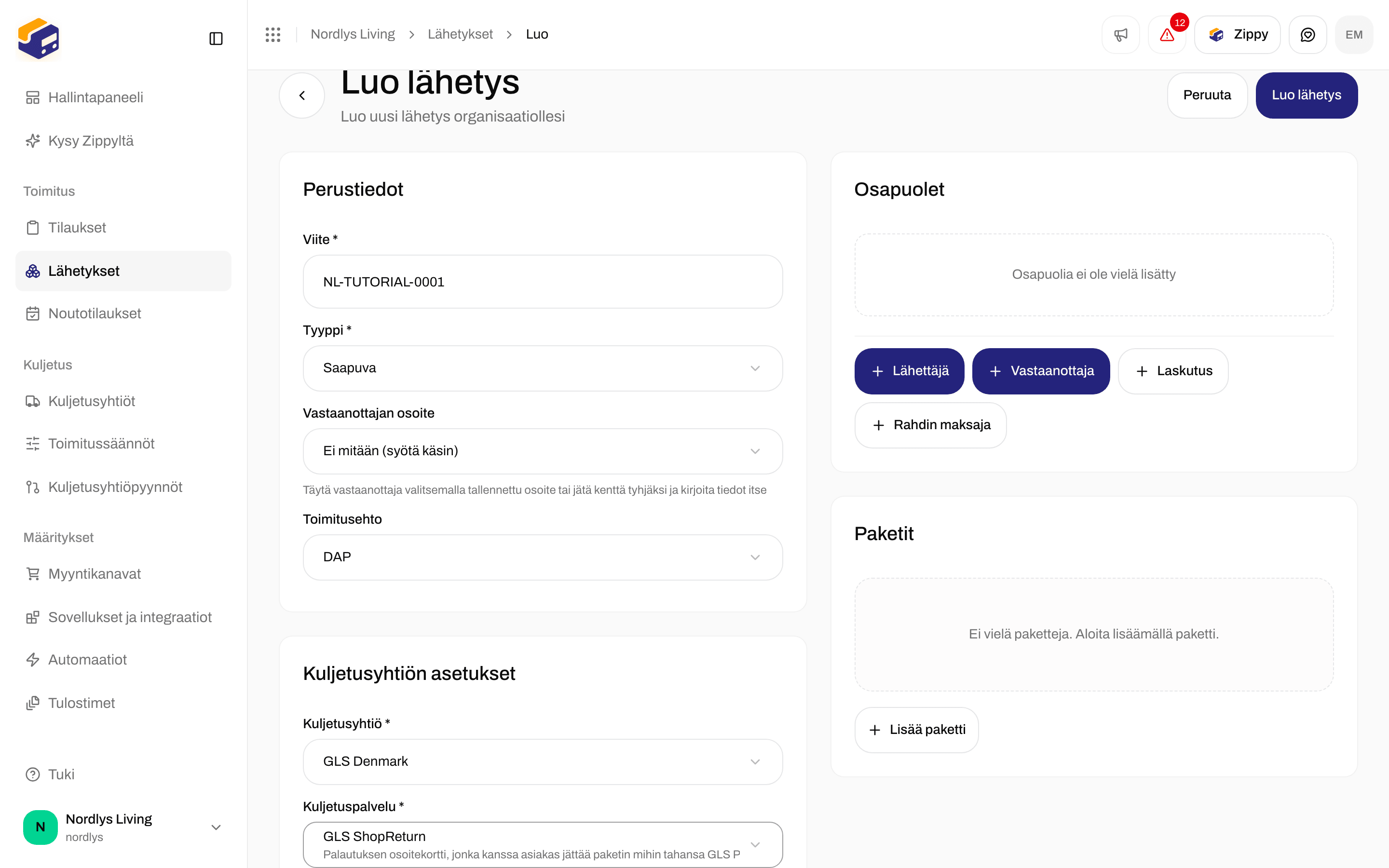 Luo lähetys, jossa Tyyppi on Saapuva ja GLS ShopReturn valittuna, Kuljetusyhtiön asetukset näkyvissä eikä Noutopiste-korttia