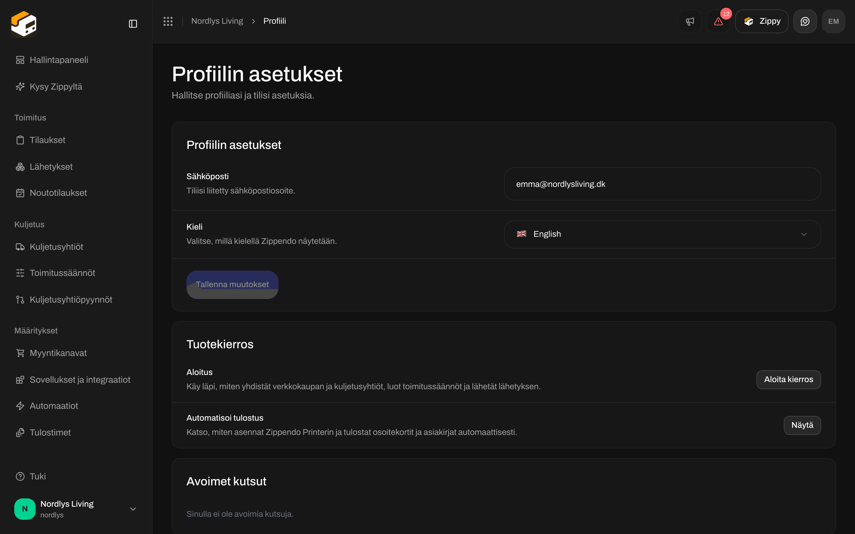 Profiilin asetukset, joissa Sähköposti, Kieli ja Tallenna muutokset