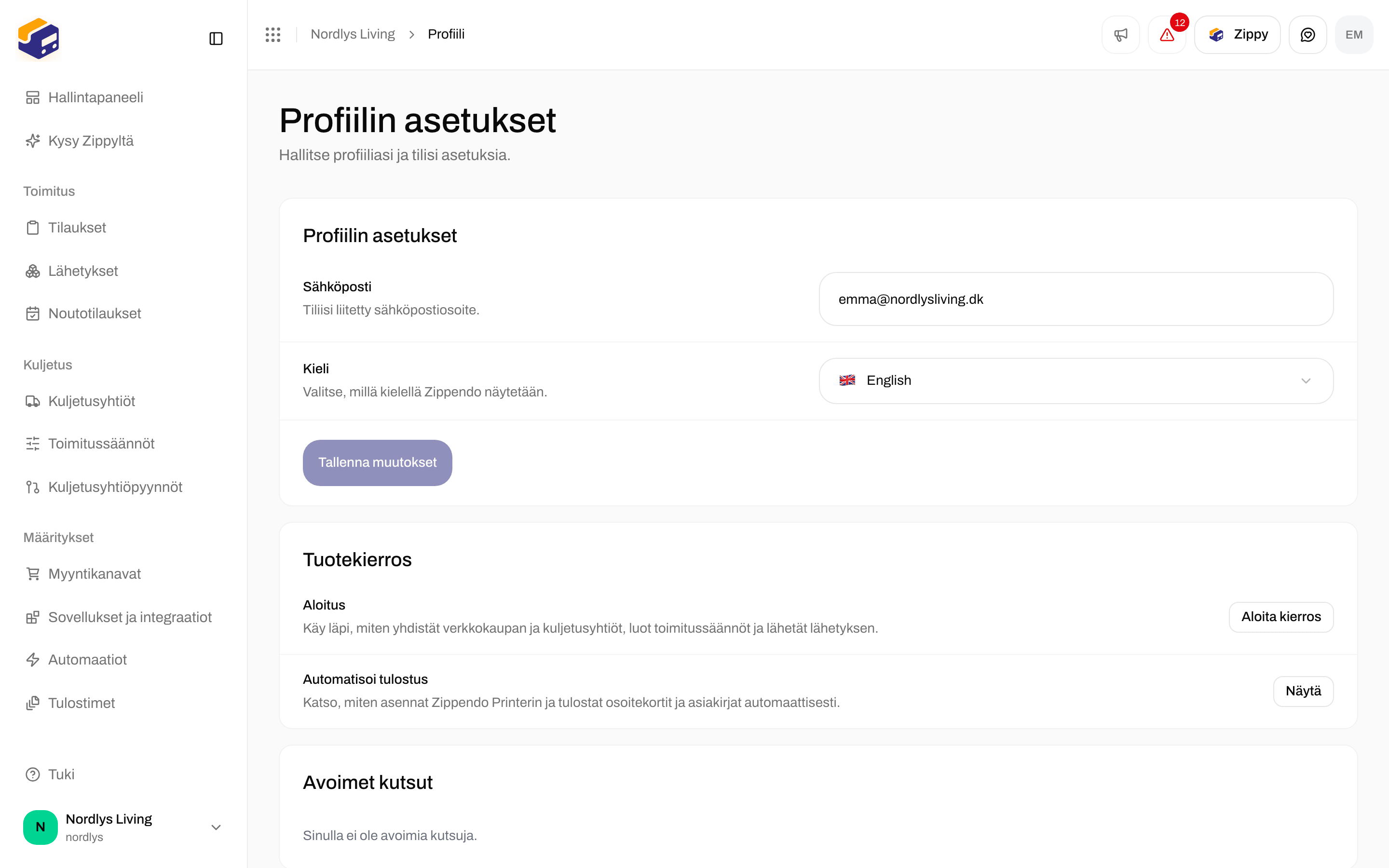 Profiilin asetukset, joissa Sähköposti, Kieli ja Tallenna muutokset