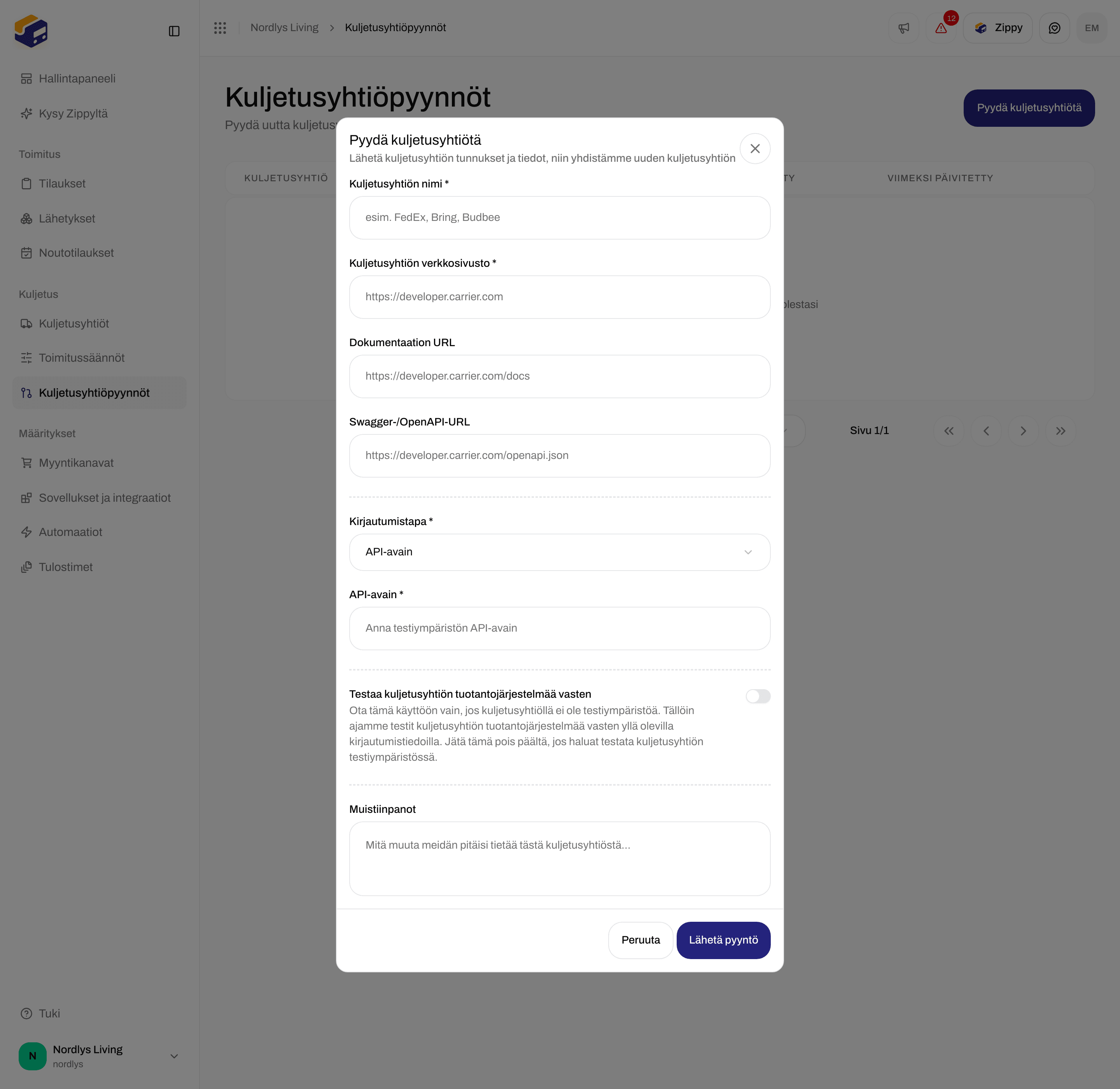 Pyydä kuljetusyhtiötä -ikkuna, jossa on kuljetusyhtiön nimi, verkkosivusto, dokumentaatiolinkit ja API-avain-kenttä