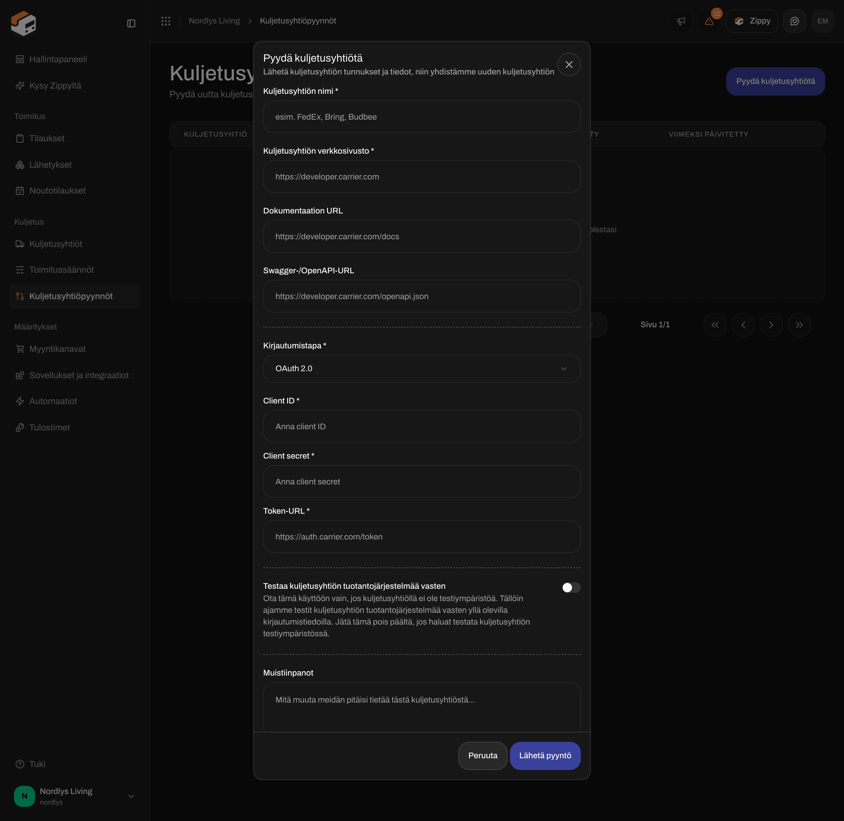 Pyydä kuljetusyhtiötä -ikkuna, jossa Kirjautumistapa on OAuth 2.0 ja kentät Client ID, Client secret ja Token-URL