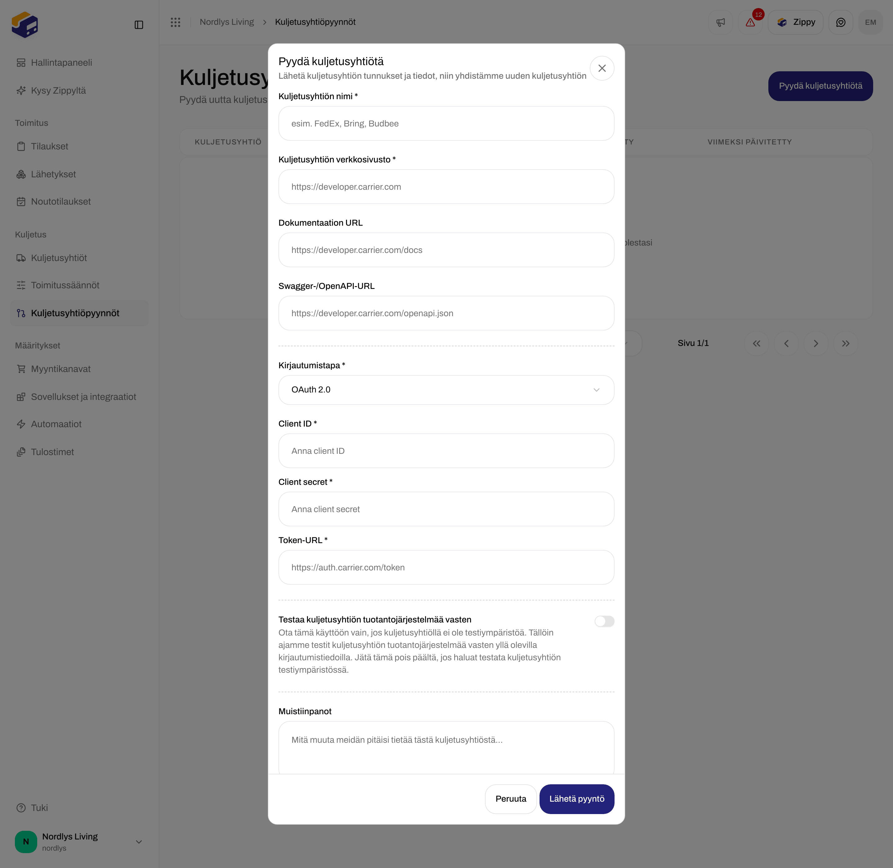 Pyydä kuljetusyhtiötä -ikkuna, jossa Kirjautumistapa on OAuth 2.0 ja kentät Client ID, Client secret ja Token-URL