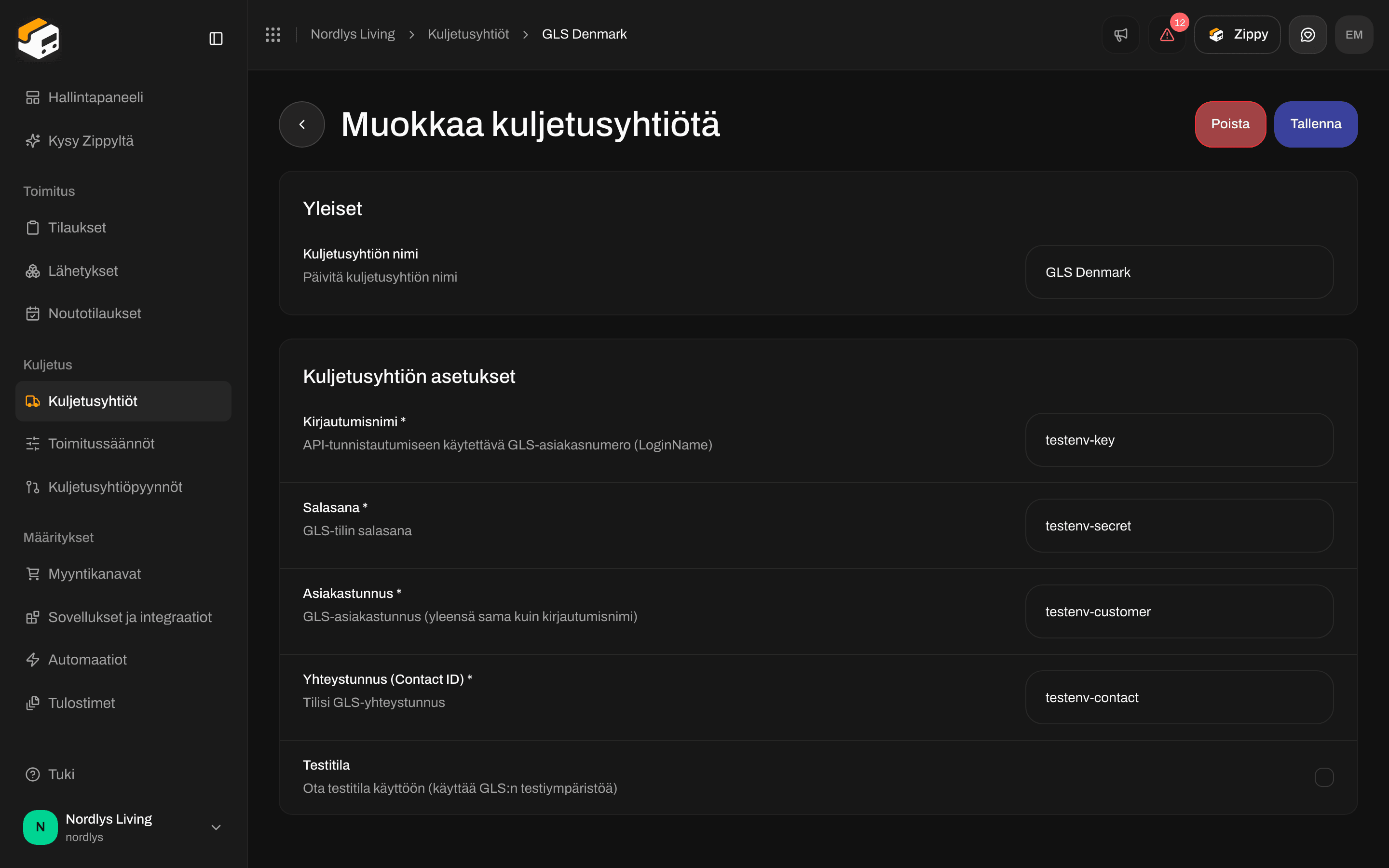 GLS Denmarkin Muokkaa kuljetusyhtiötä -näkymä, jossa Testitila-valintaruutu on kohdassa Kuljetusyhtiön asetukset