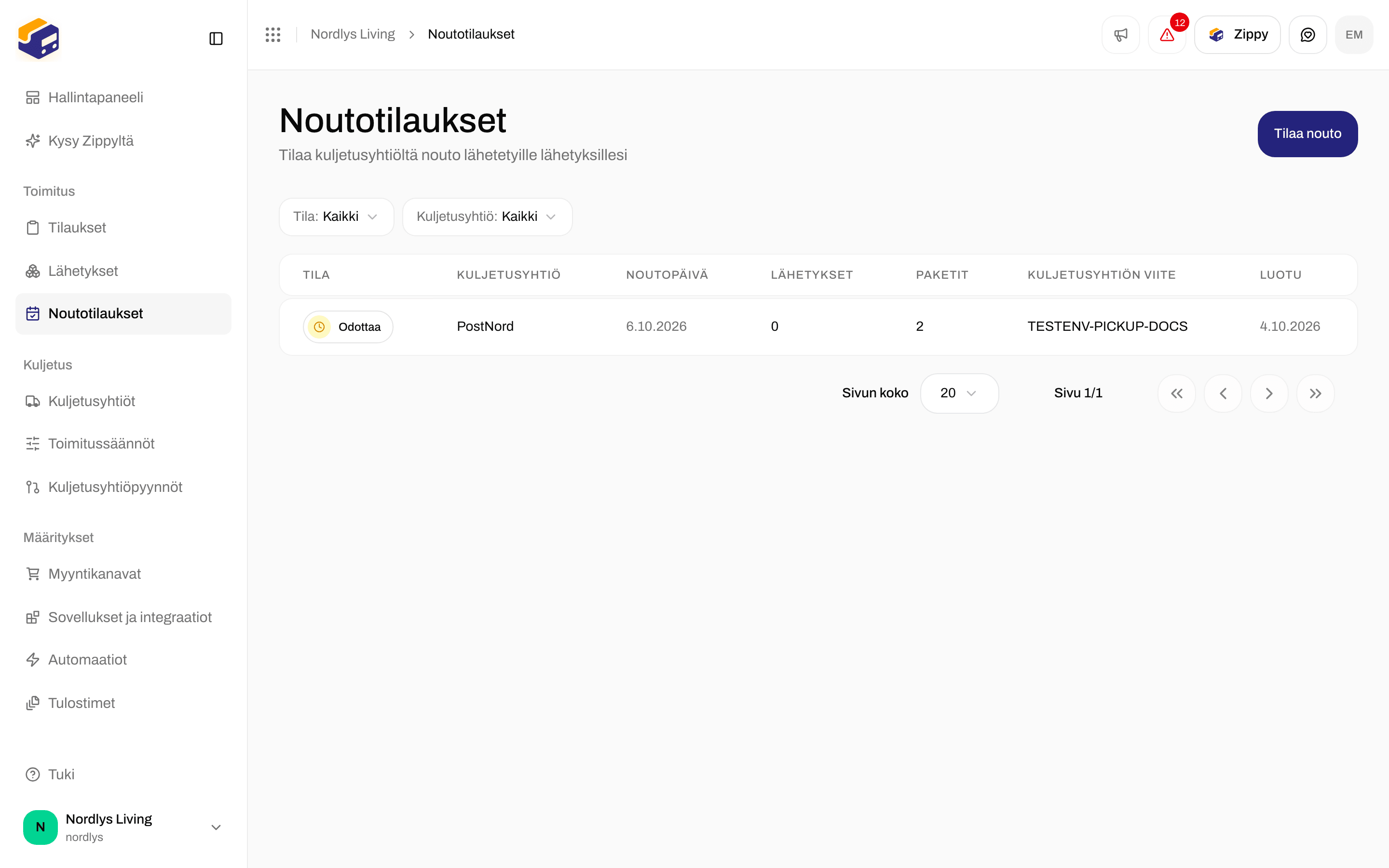 Noutotilaukset-luettelo, jossa tilattu PostNord-nouto