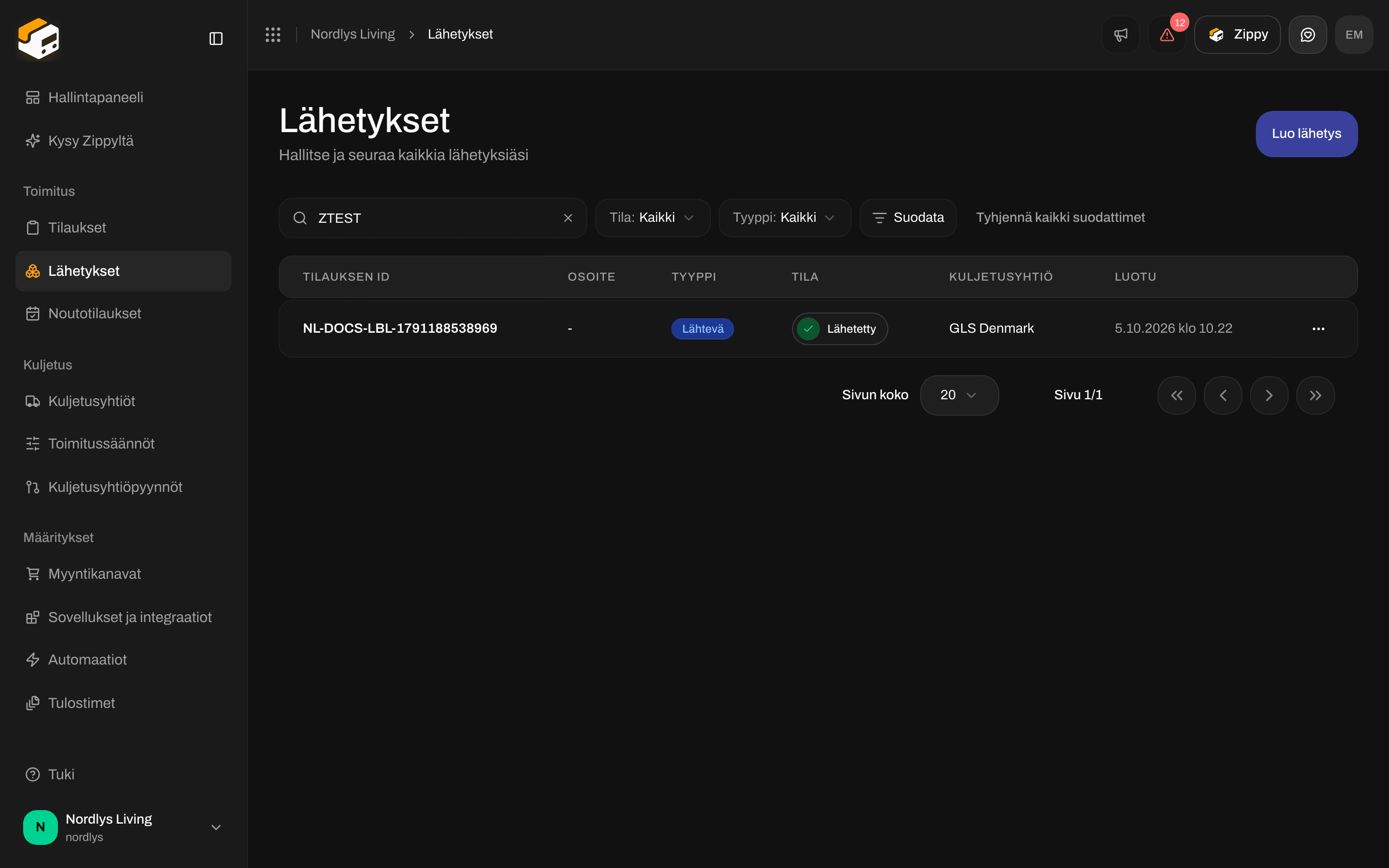 Lähetykset-luettelo seurantakoodin kirjoittamisen jälkeen hakukenttään
