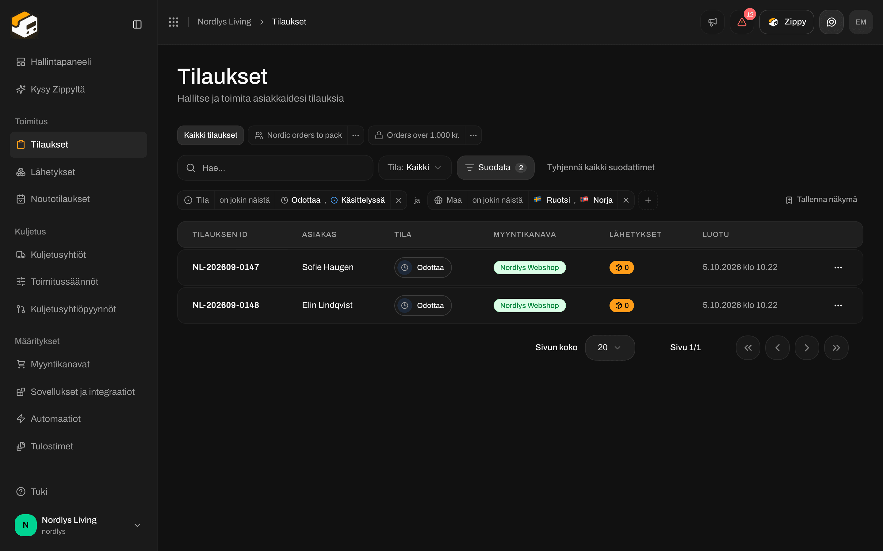 Tilaukset-luettelo rajattuna Tila-tunnisteella ja Maa-tunnisteella, jotka on yhdistetty sanalla ja