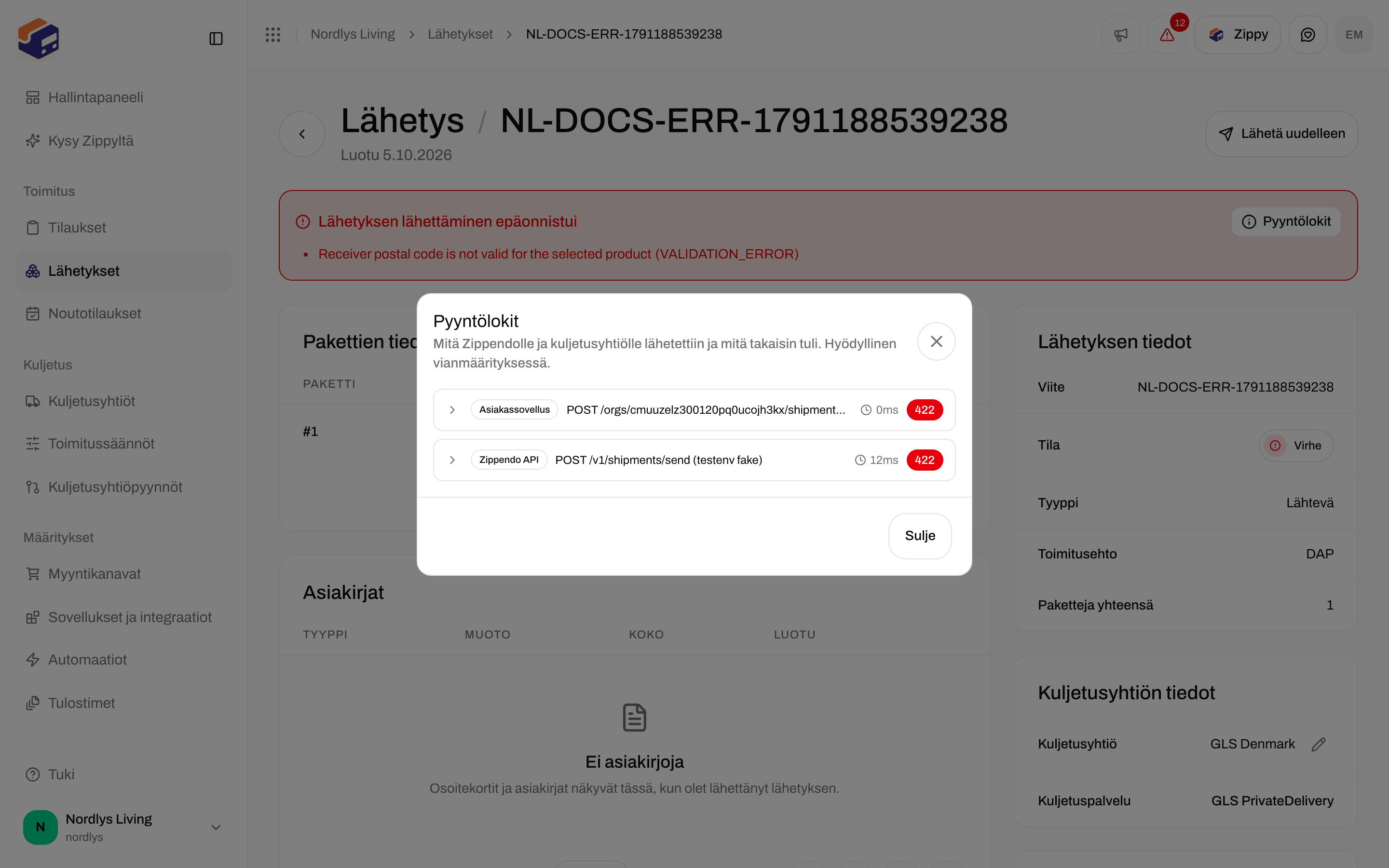 Pyyntölokit-ikkuna, jossa vianmääritykseen tarkoitetut pyynnön ja vastauksen tiedot