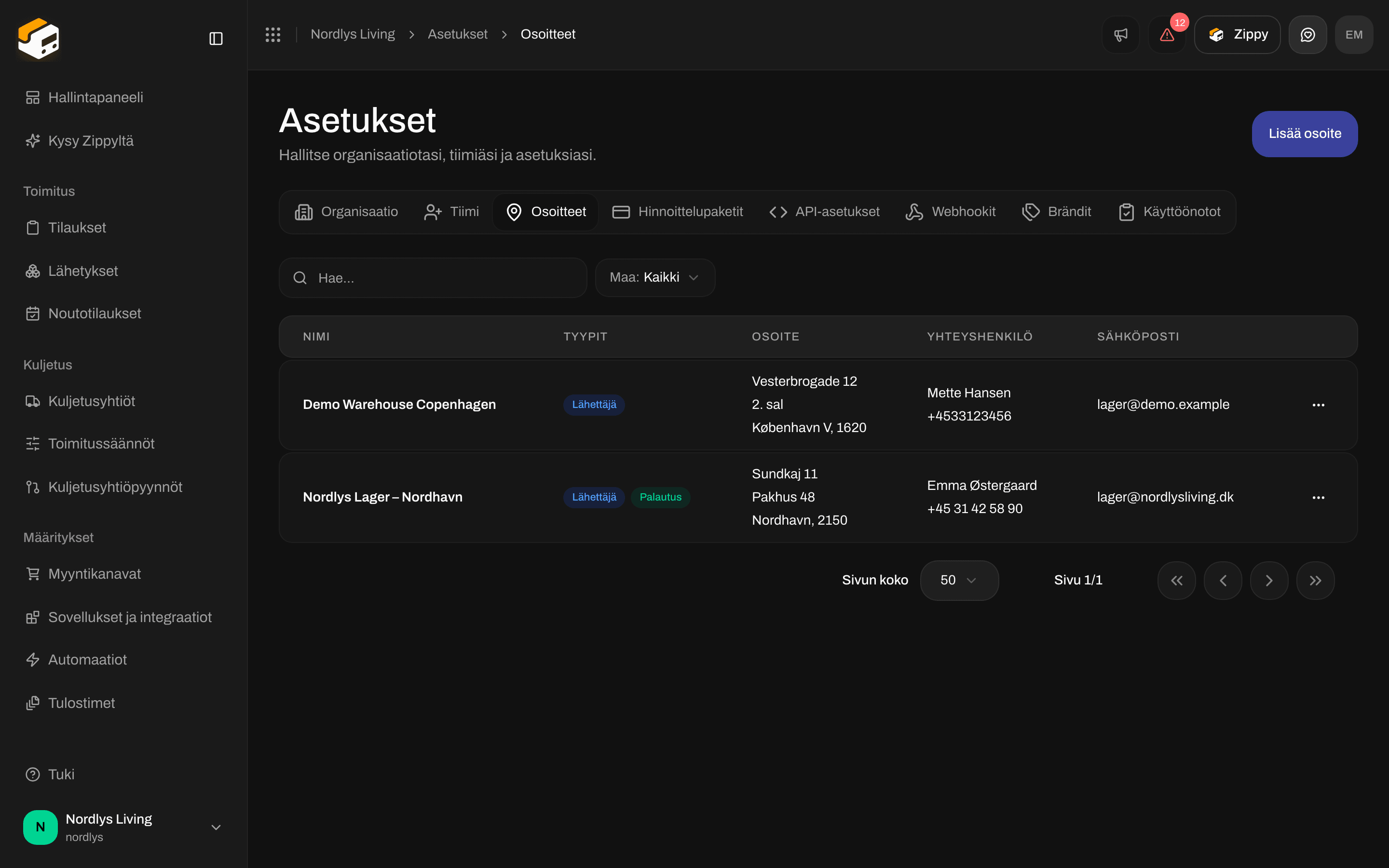 Osoitteet-taulukko, jossa sarakkeet Nimi, Tyypit, Osoite, Yhteyshenkilö ja Sähköposti