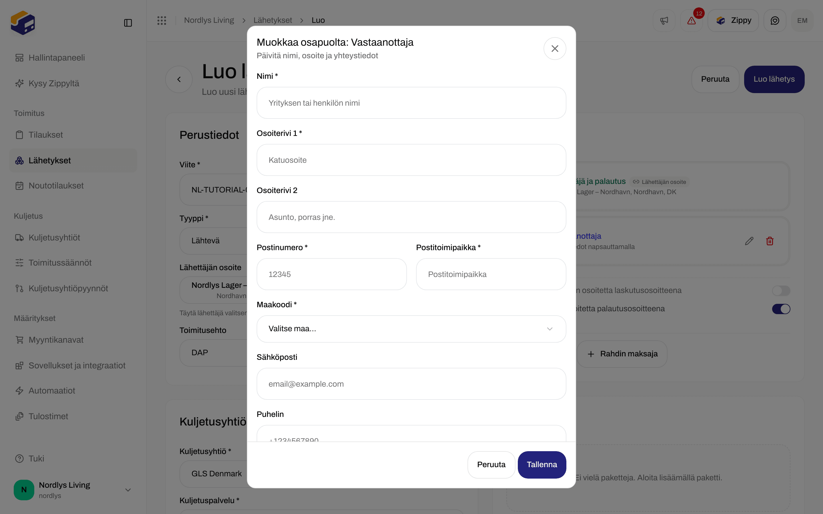 Muokkaa osapuolta: Vastaanottaja -ikkuna, jossa nimi, osoite, postinumero, postitoimipaikka, maanvalitsin, sähköposti ja puhelin