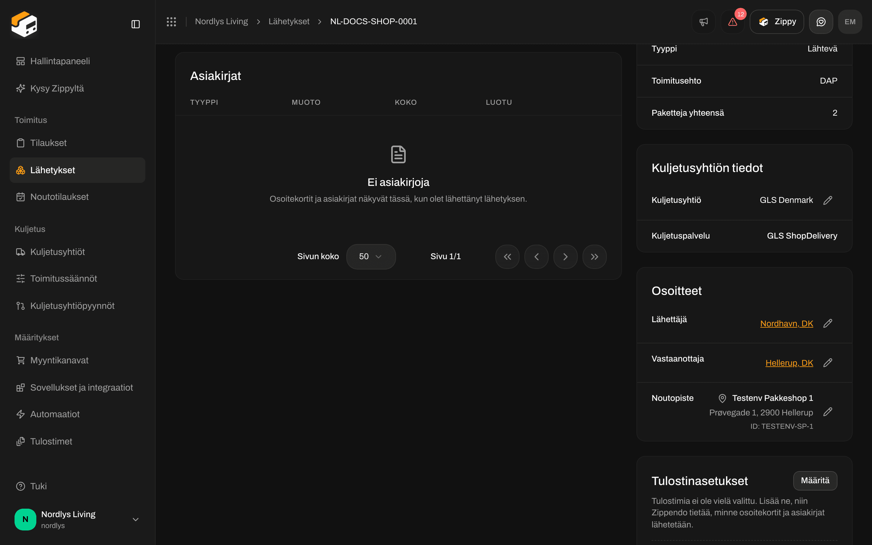 Lähetyksen osoitteet, joissa Lähettäjä- ja Vastaanottaja-rivit sekä kynäpainikkeet