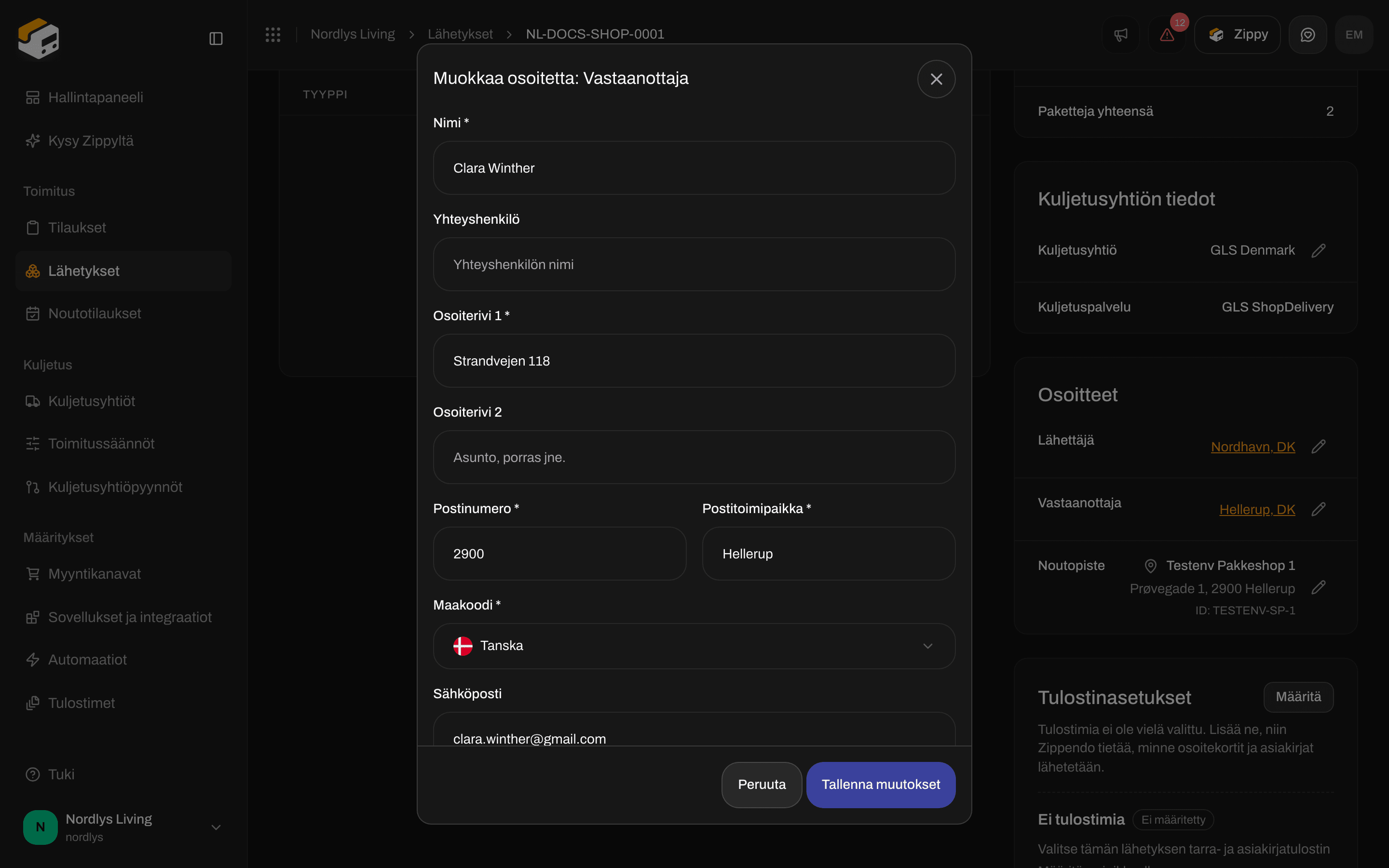 Muokkaa osoitetta: Vastaanottaja -ikkuna, jossa Yhteyshenkilö, osoiterivit, postinumero, postitoimipaikka, maa, sähköposti ja puhelin