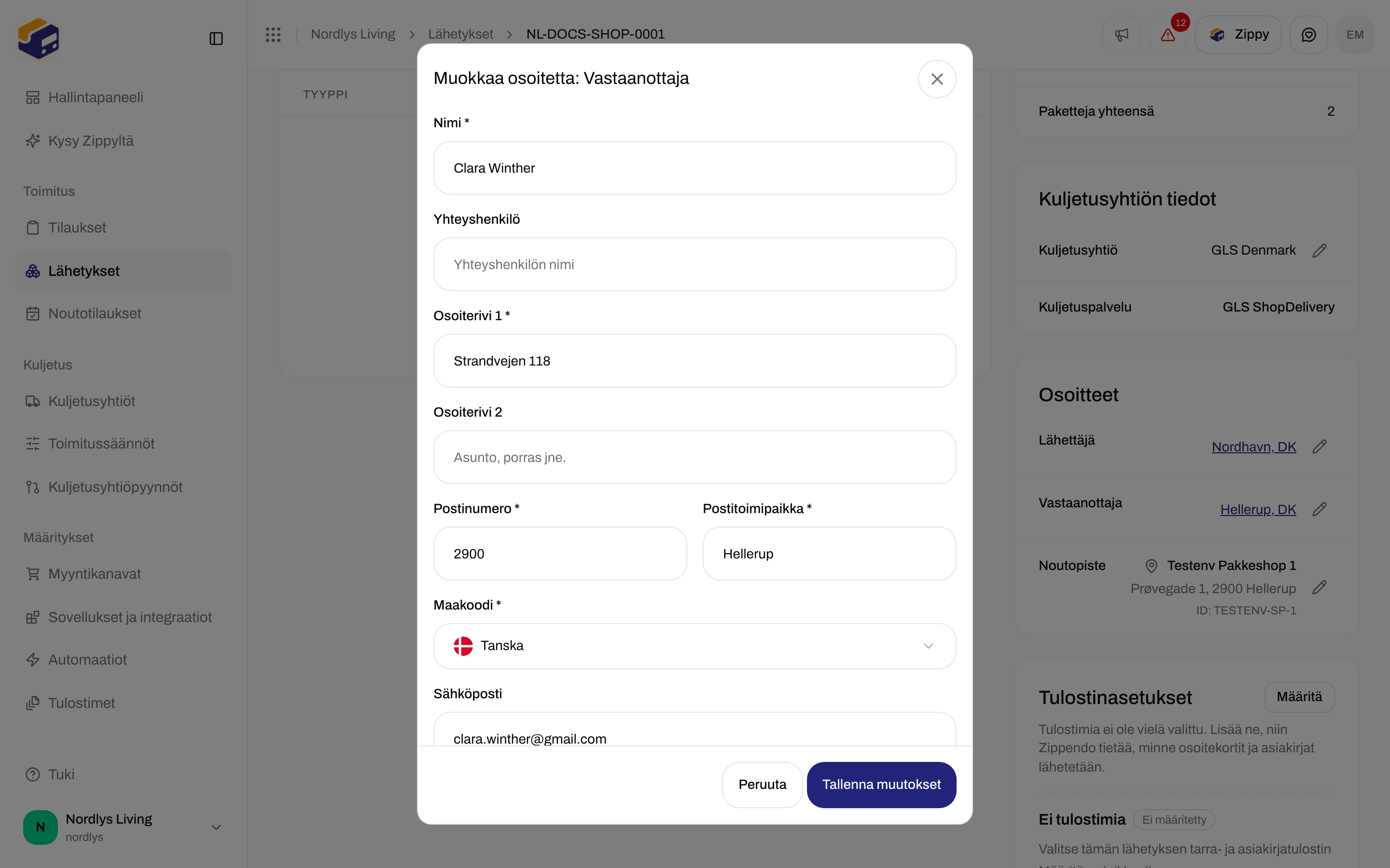 Muokkaa osoitetta: Vastaanottaja -ikkuna, jossa Yhteyshenkilö, osoiterivit, postinumero, postitoimipaikka, maa, sähköposti ja puhelin