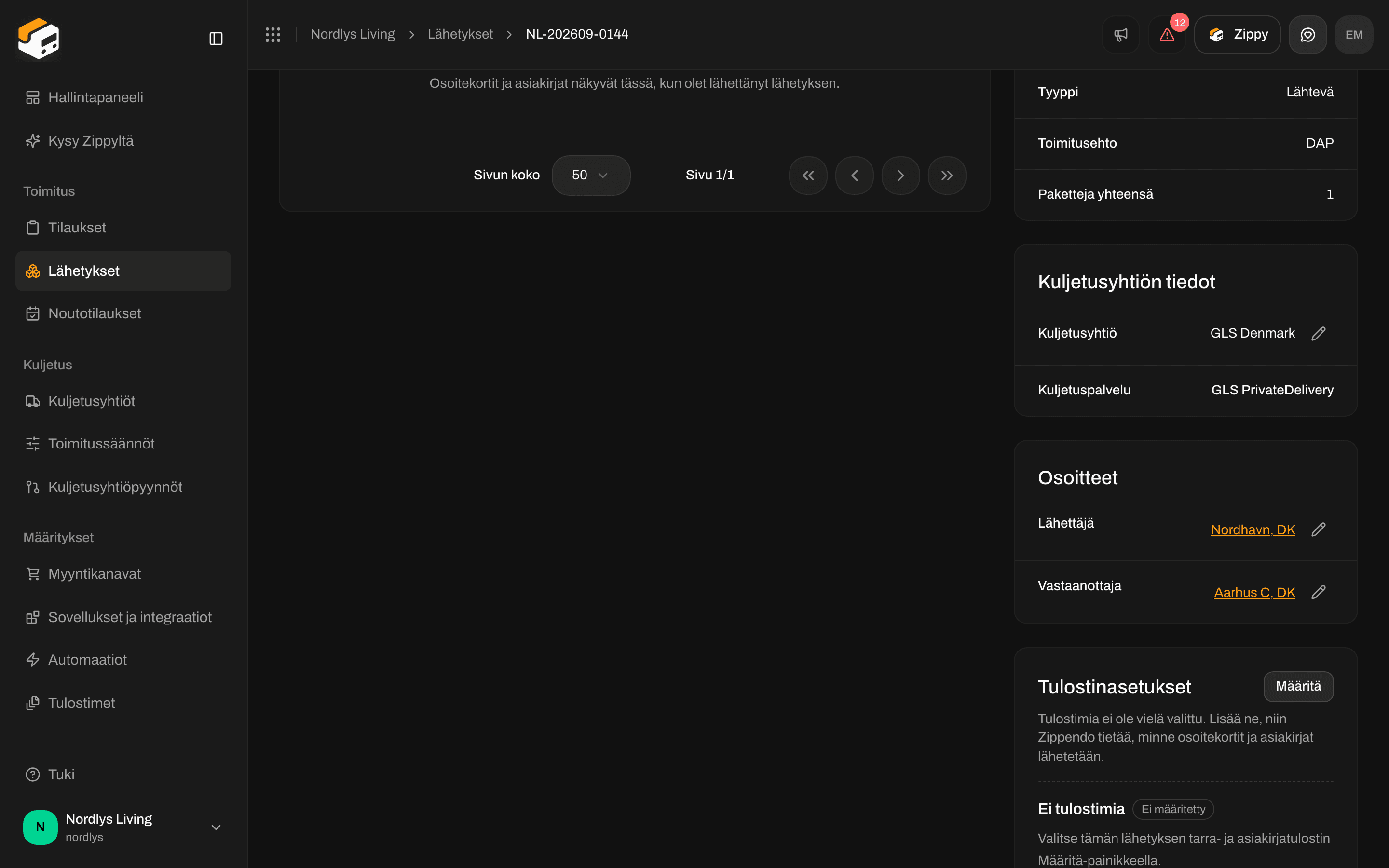 Lähetyksen Tulostinasetukset-ruutu, jossa lukee Ei tulostimia ja Ei määritetty