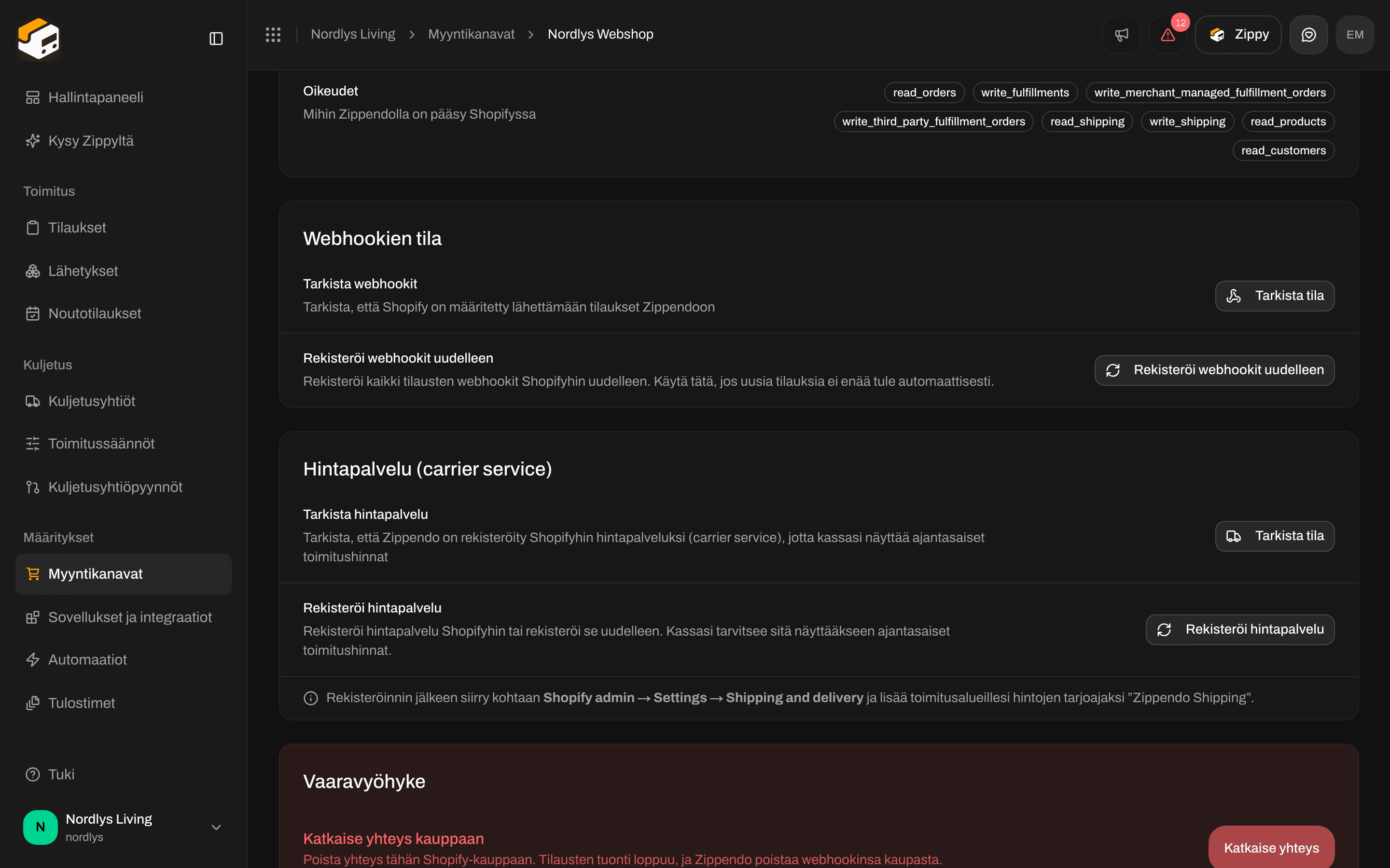 Shopifyn Yhteys ja integraatio -välilehti, jossa Hintapalvelu-kortti, Tarkista tila ja Rekisteröi hintapalvelu