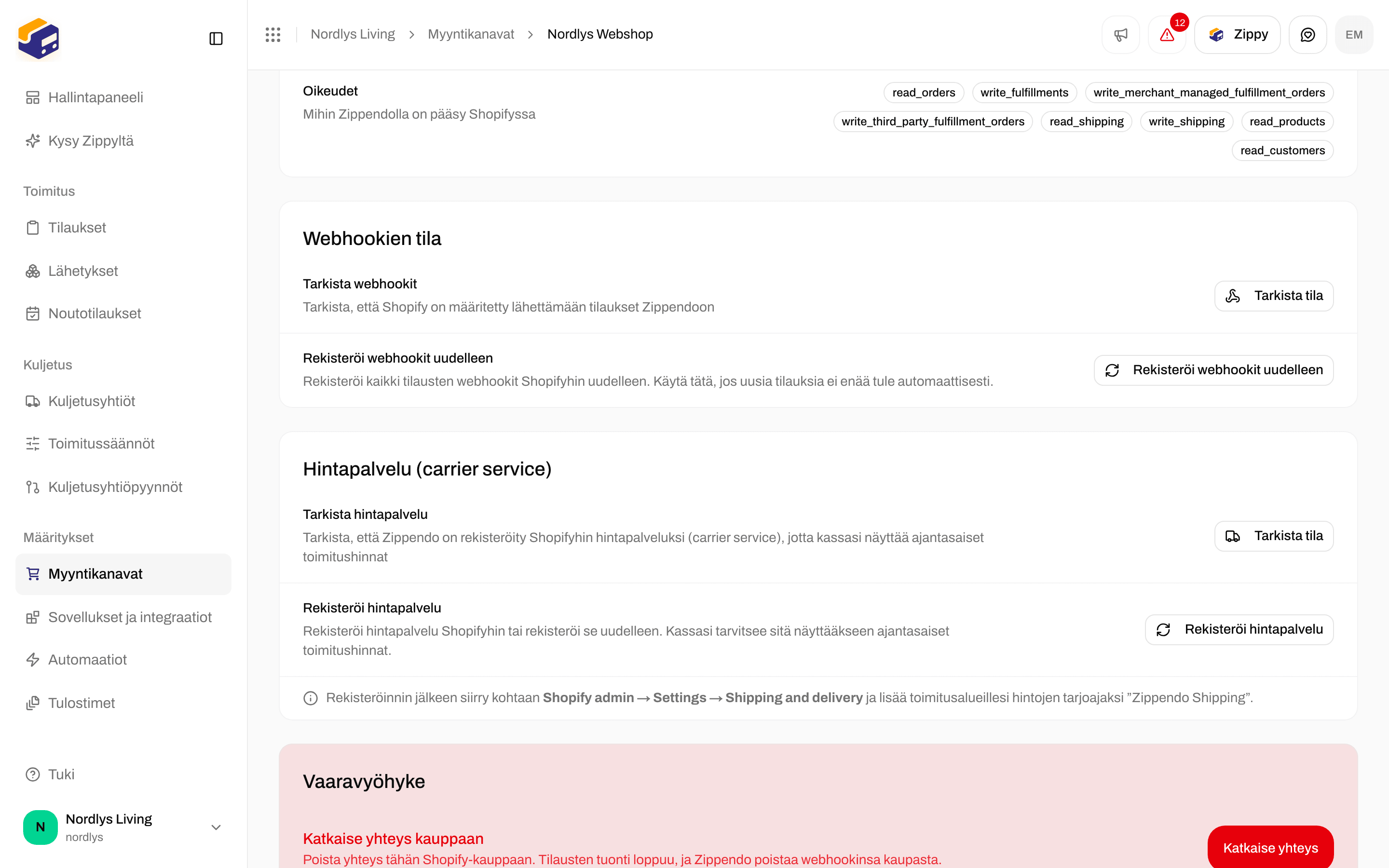 Shopifyn Yhteys ja integraatio -välilehti, jossa Hintapalvelu-kortti, Tarkista tila ja Rekisteröi hintapalvelu