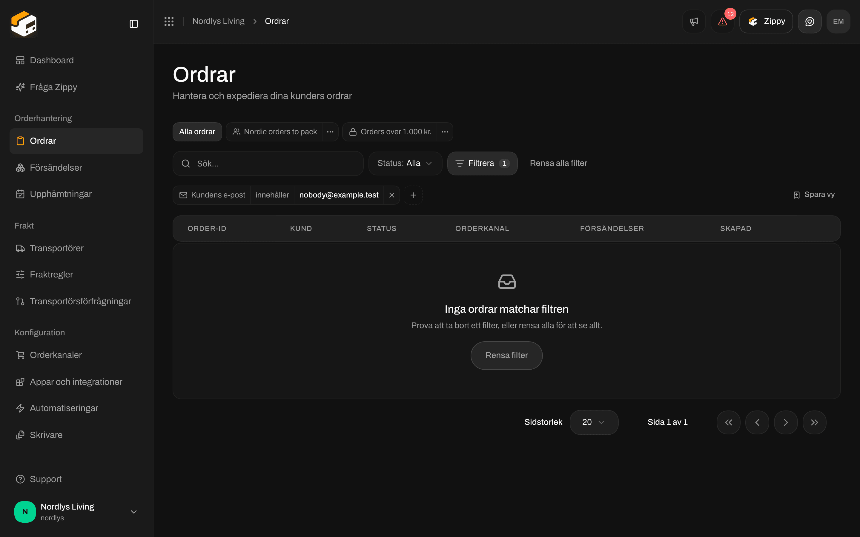 Tom ordertabell med No orders match these filters och en knapp Clear filters