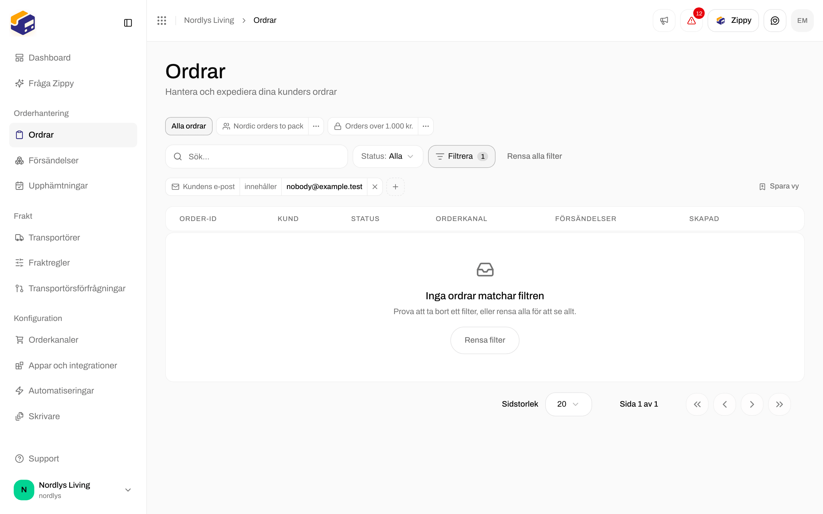 Tom ordertabell med No orders match these filters och en knapp Clear filters