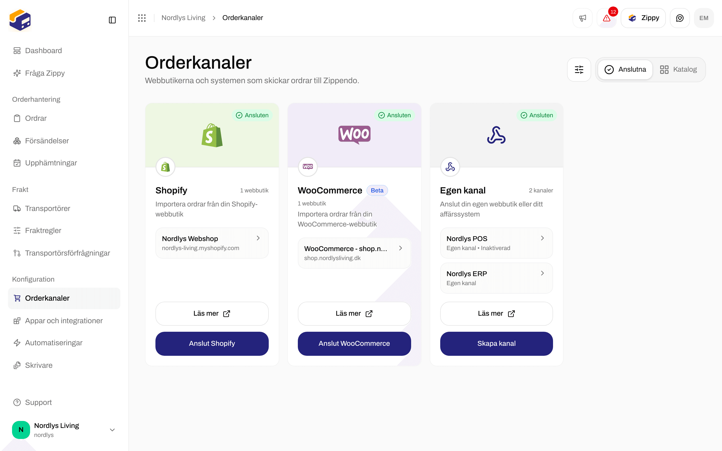Anslutna orderkanaler med en Shopify-webbutik och en egen kanal