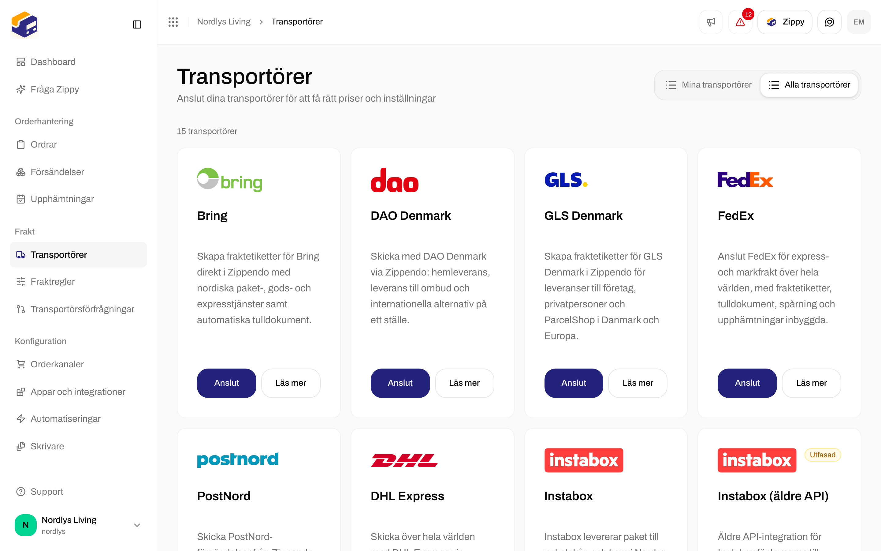 Alla transportörer med Bring, DAO Denmark, GLS Denmark, FedEx, PostNord, DHL Express och Instabox