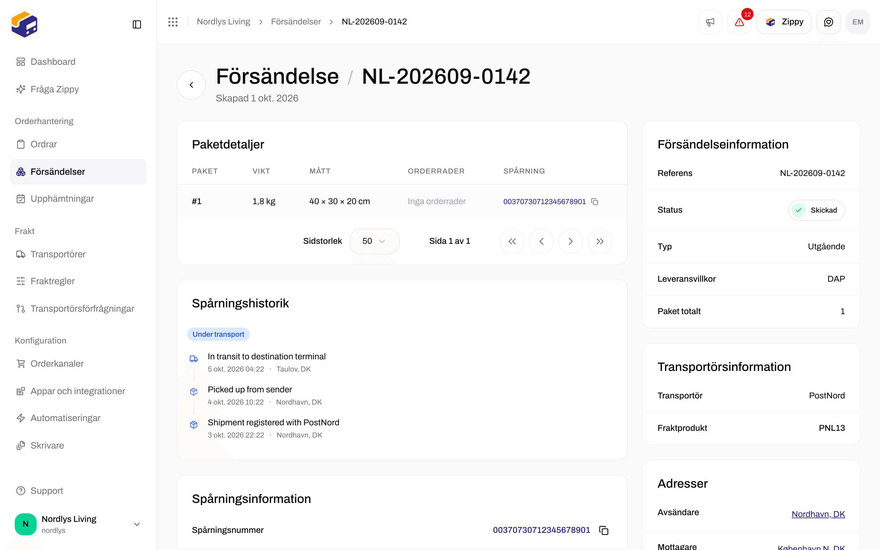 Översikt av en skickad PostNord-försändelse med dess avsändaradress