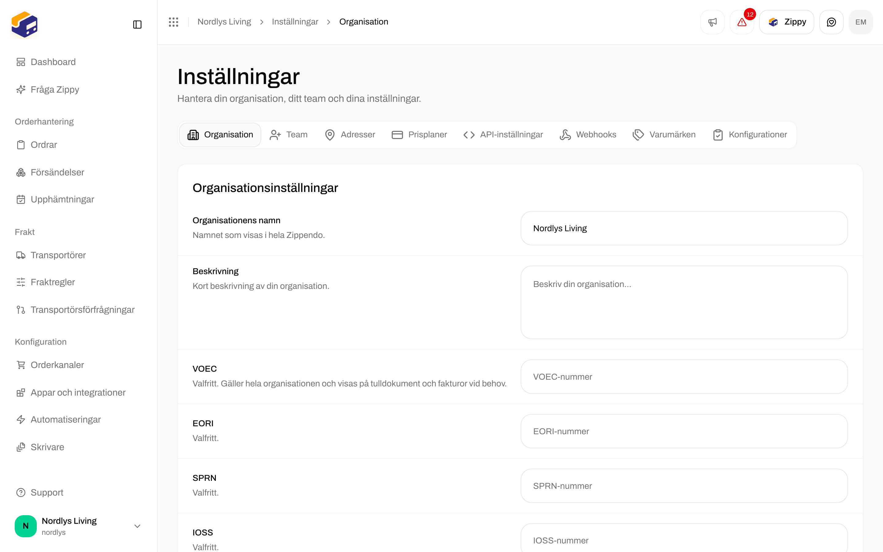 Organisationsinställningar med organisationens namn och fälten för tullnummer