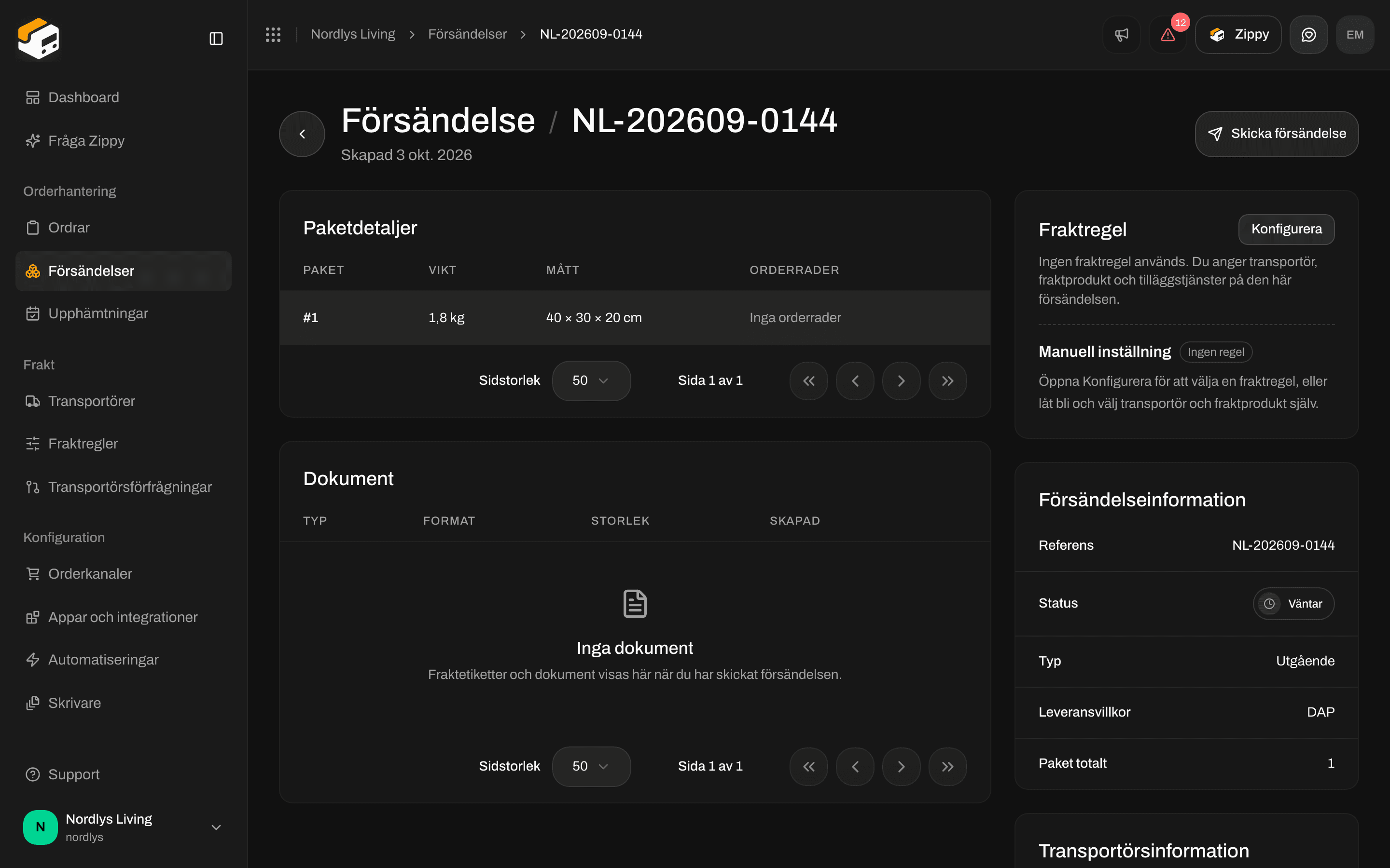 En väntande försändelse med knappen Skicka försändelse högst upp