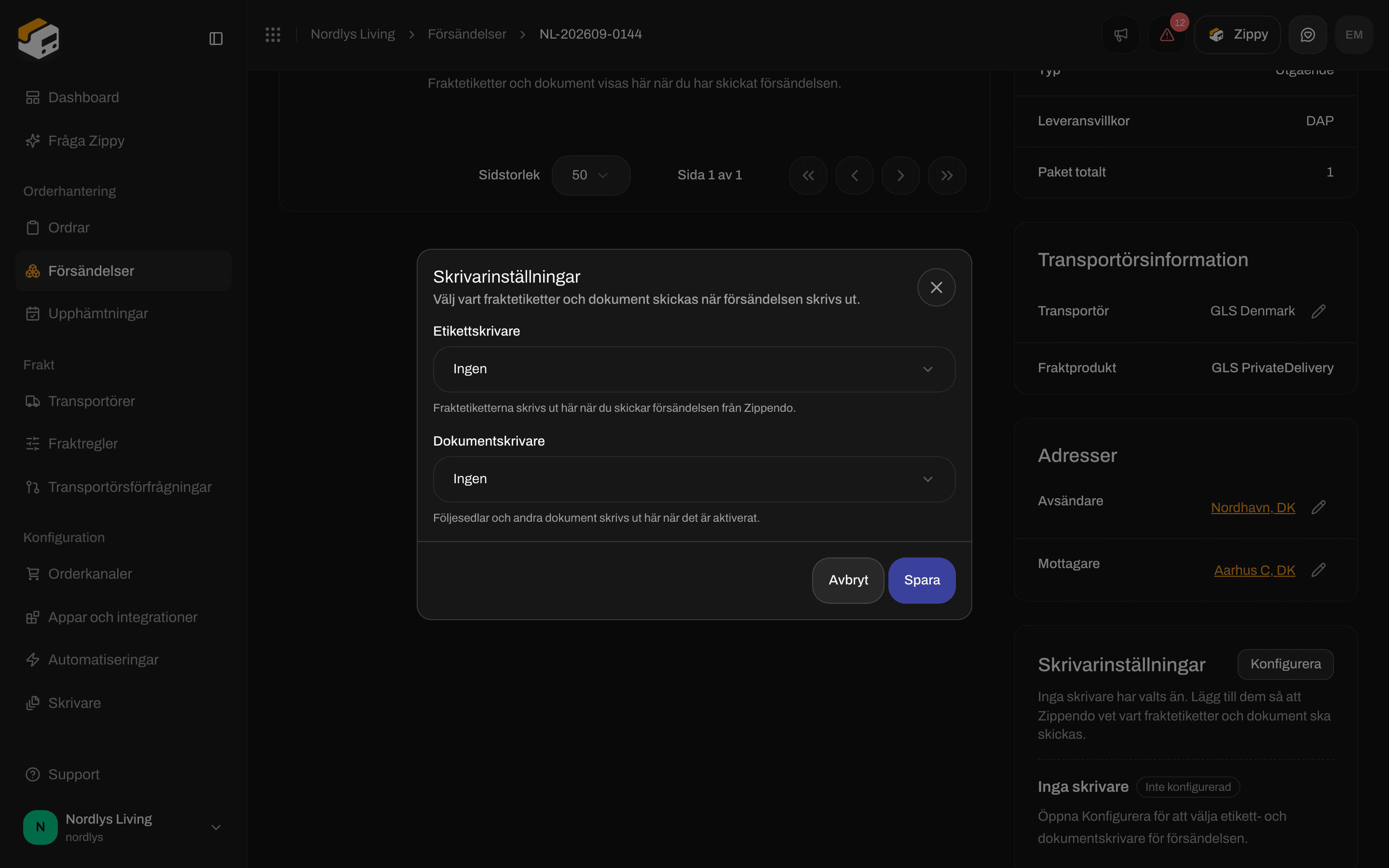 Fönstret Skrivarinställningar med fält för etikettskrivare och dokumentskrivare