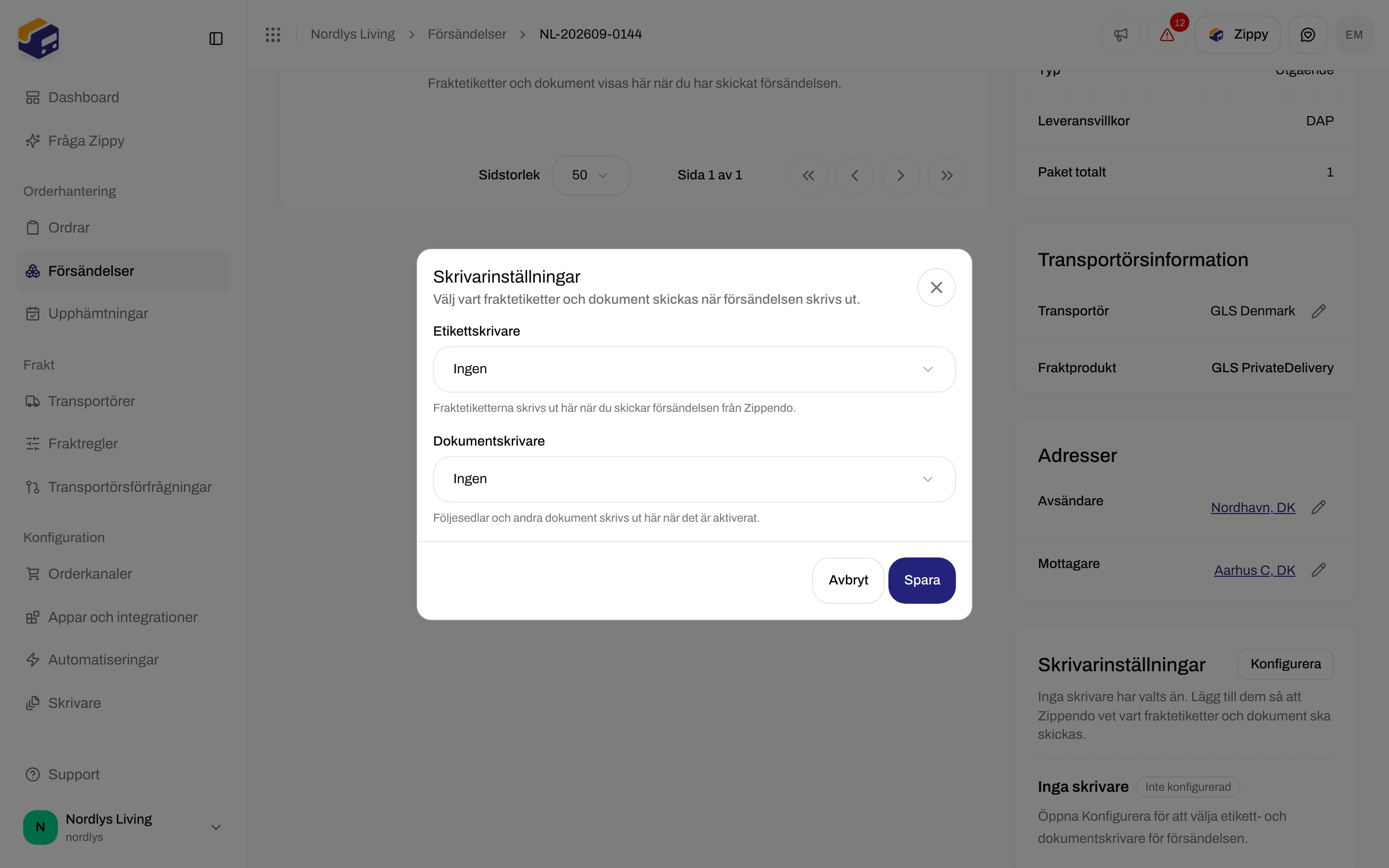 Fönstret Skrivarinställningar med fält för etikettskrivare och dokumentskrivare